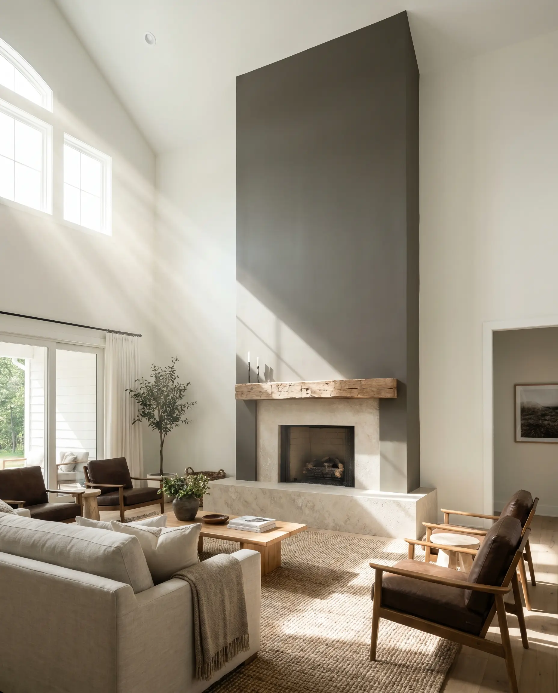 A towering dark greige floor-to-ceiling fireplace bump-out features a massive reclaimed timber mantle and a matte travertine hearth against contrasting white walls.