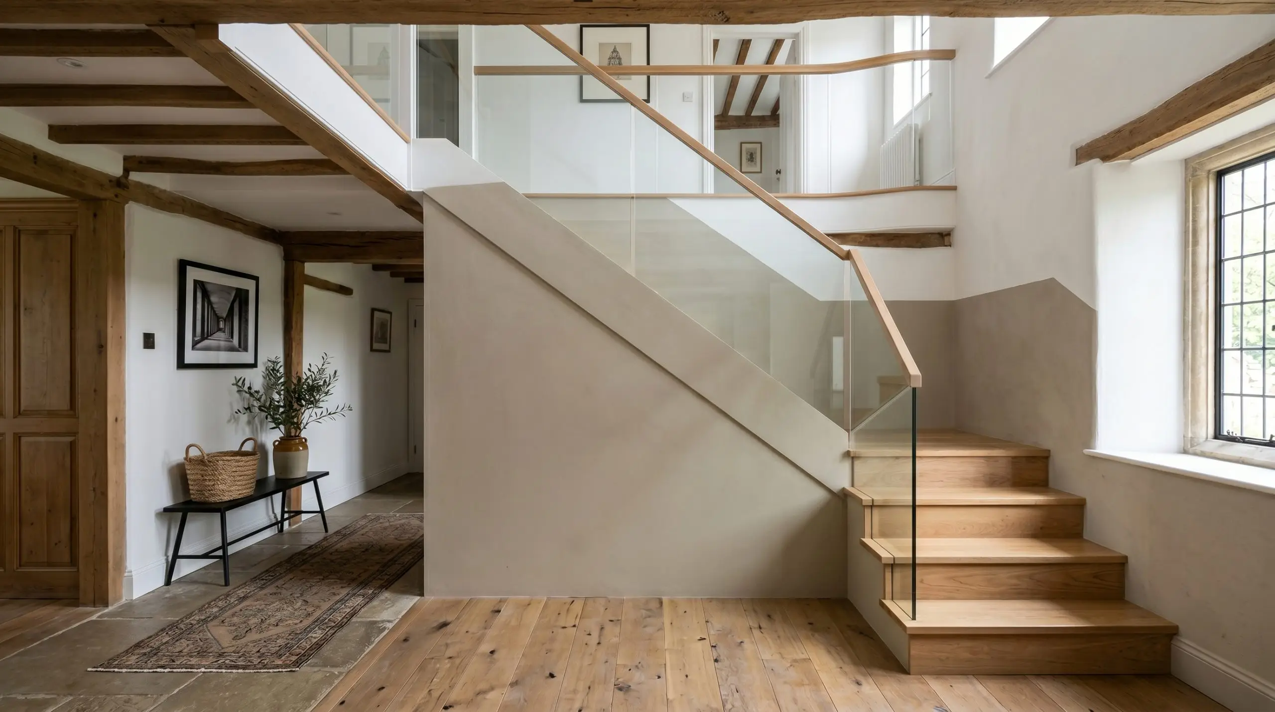 The lower half of a prominent staircase wall is color-blocked in Farrow & Ball Drop Cloth (Hex #c5bdac), meeting a crisp white upper half along a sharp diagonal.