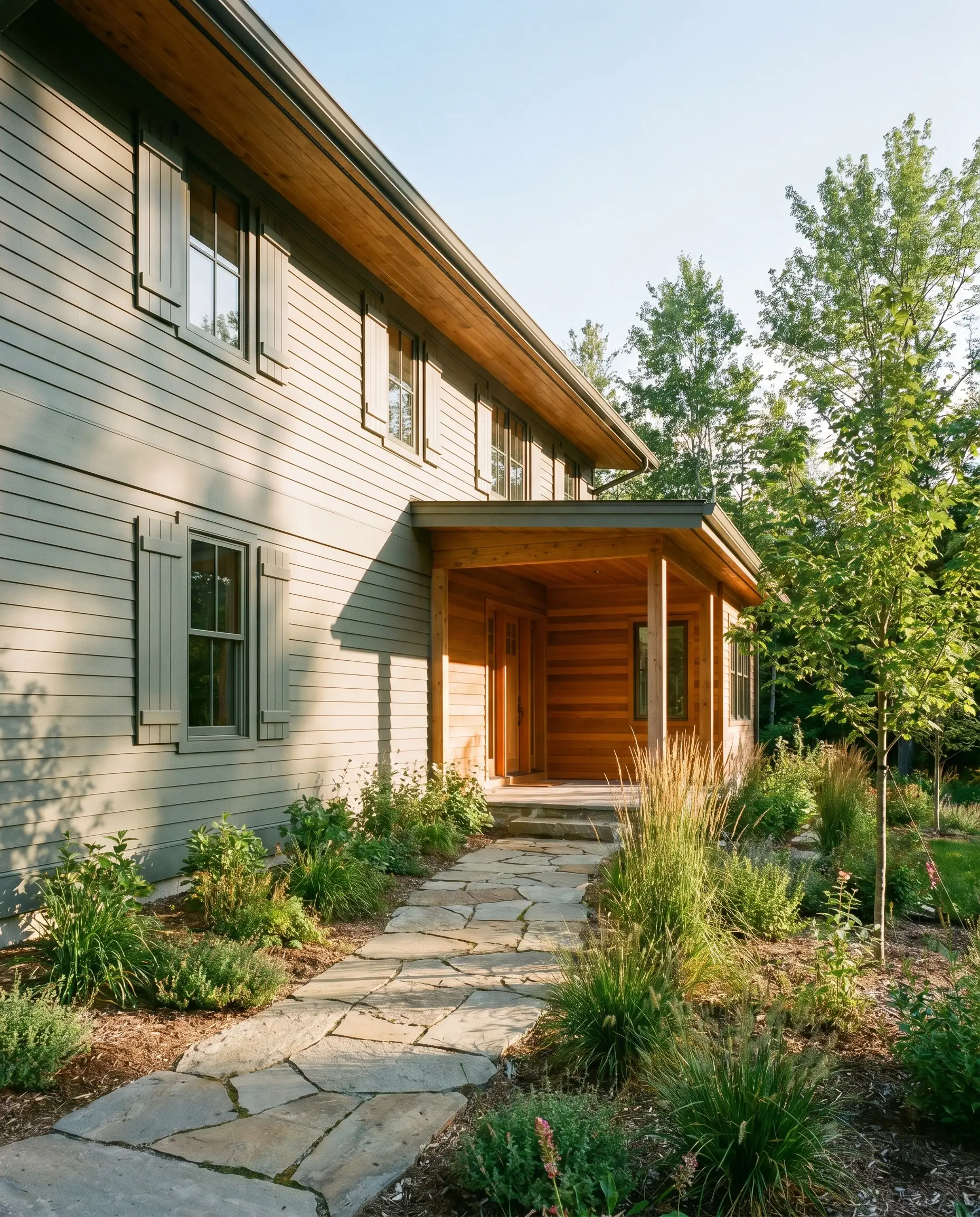 Modern home exterior siding and shutters painted in Sherwin-Williams Basil (Hex #626E60) harmonize with natural stone pathways, warm cedar wood accents, and organic landscaping.