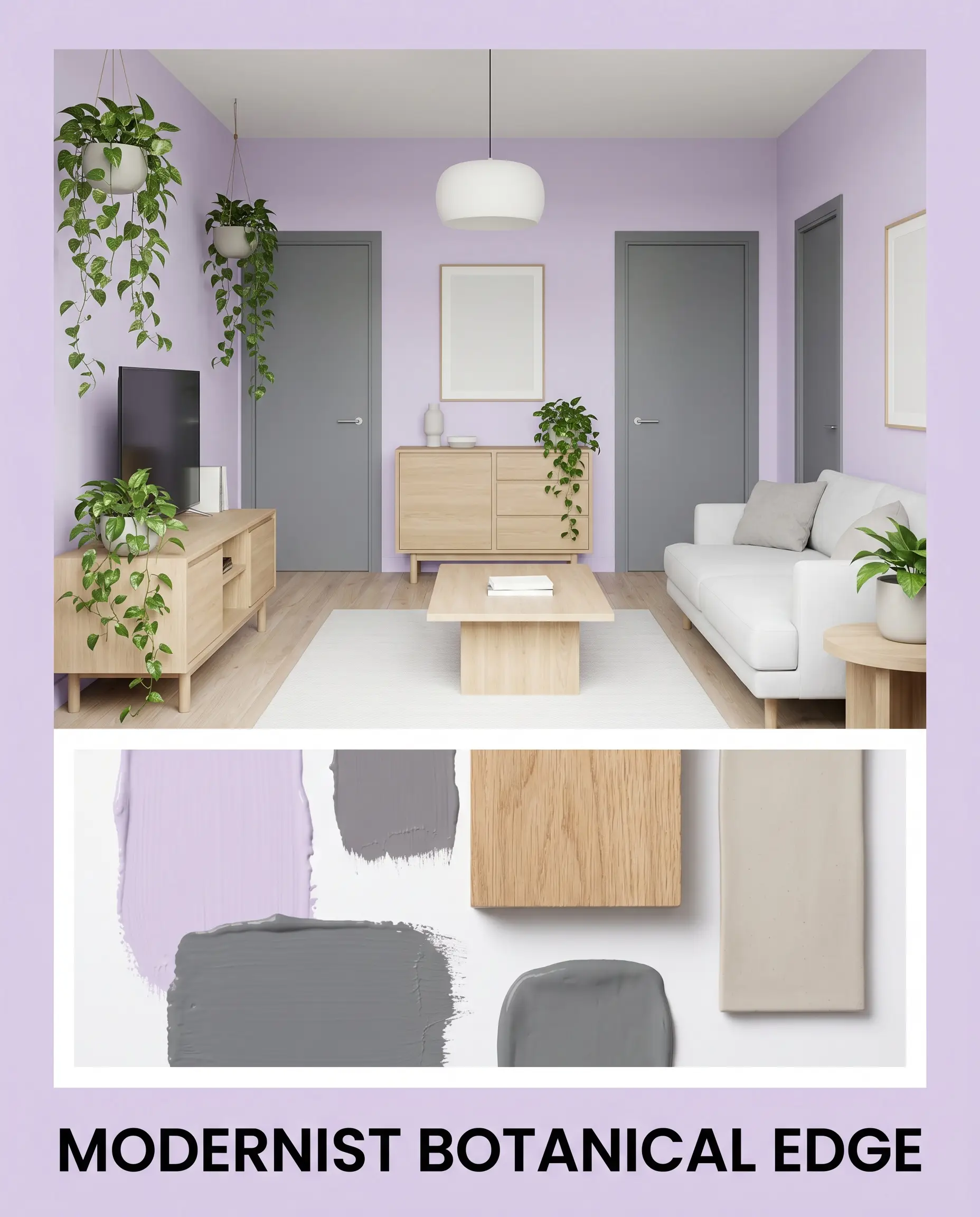 A modernist concept board showcases an airy blush-tinged purple living space accented by gray undertones, white oak furniture, and trailing pothos in matte ceramic planters.