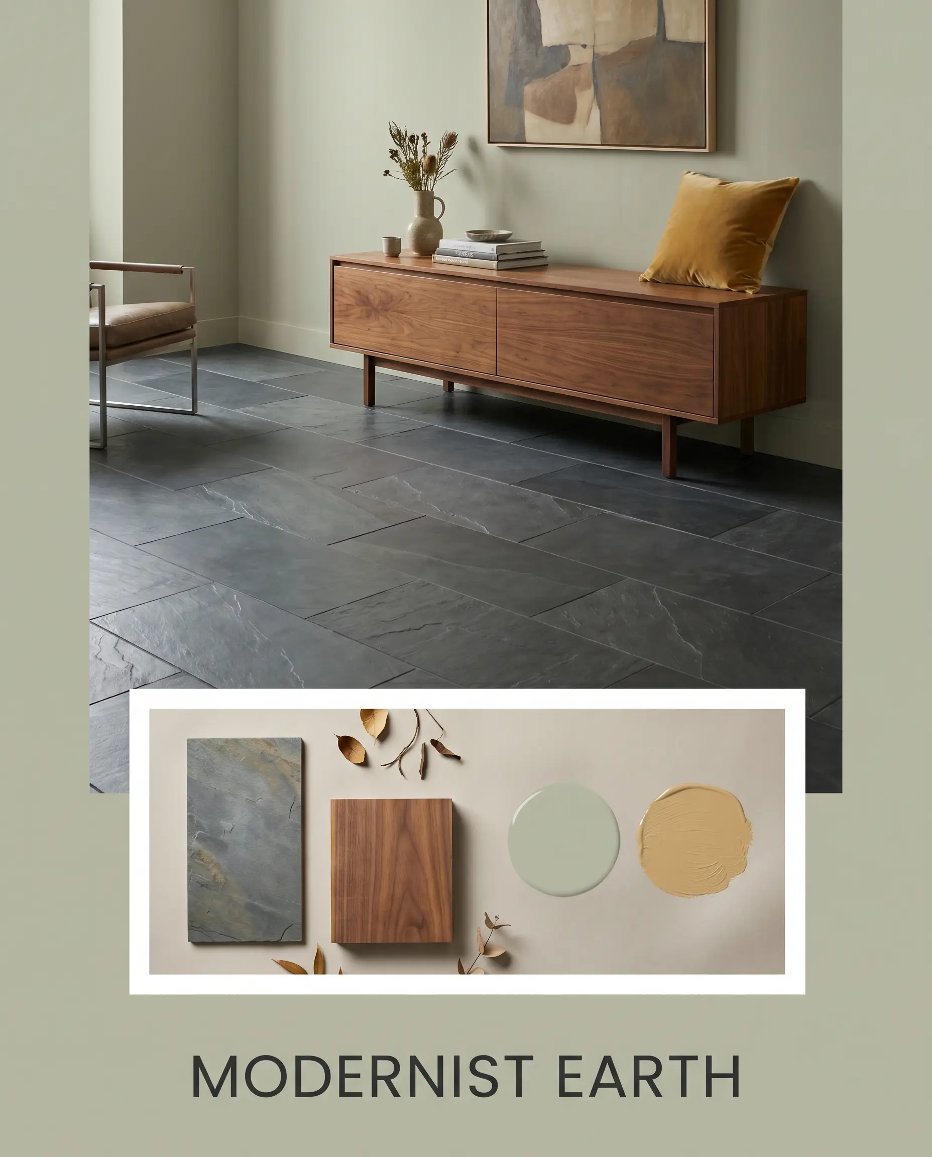 An editorial concept board displays a modernist space with sage green walls above an inset flat-lay showcasing earthy grey-green paint applications, honed slate, and walnut samples.