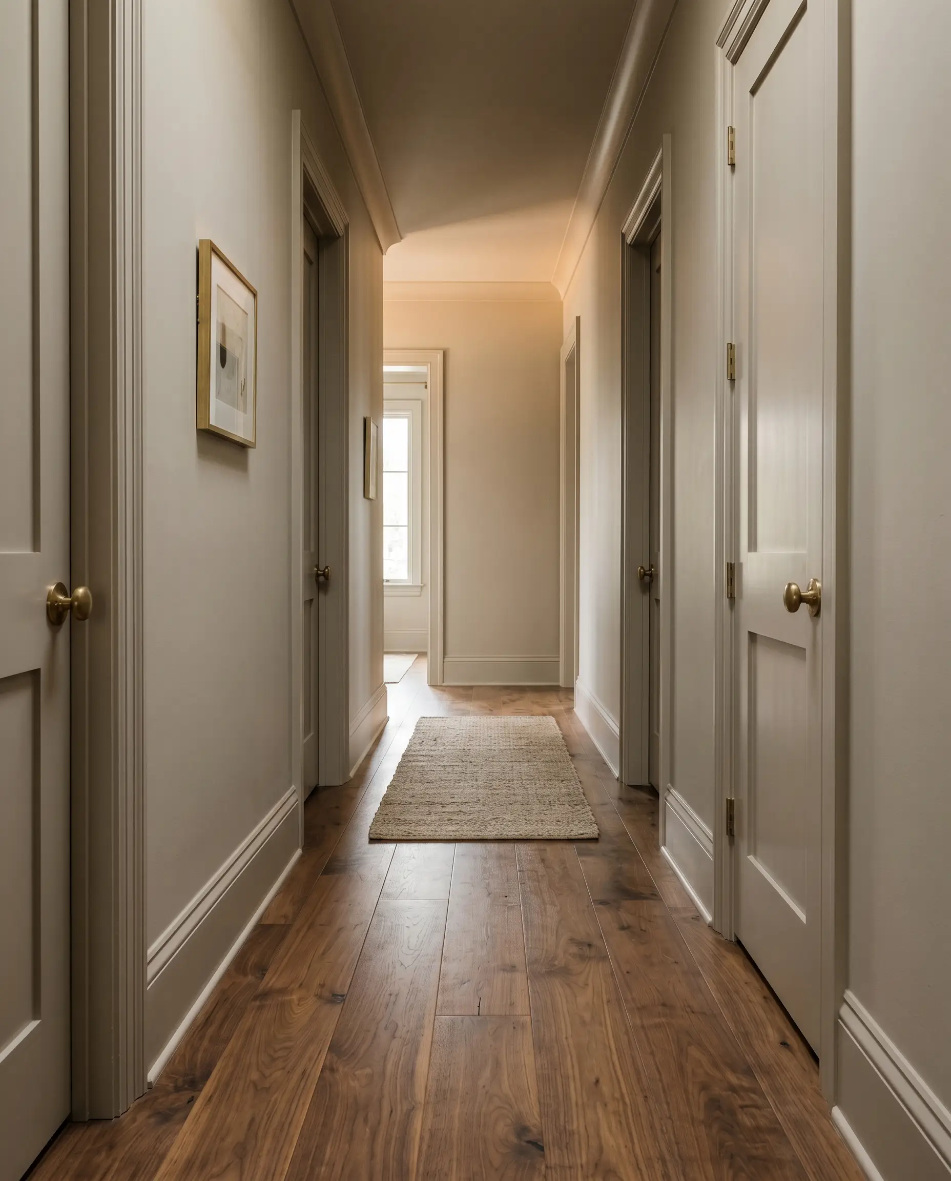 Unlacquered brass door knobs and rich walnut flooring accent a tailored transitional hallway painted entirely in Benjamin Moore Pashmina across baseboards, doors, and walls.