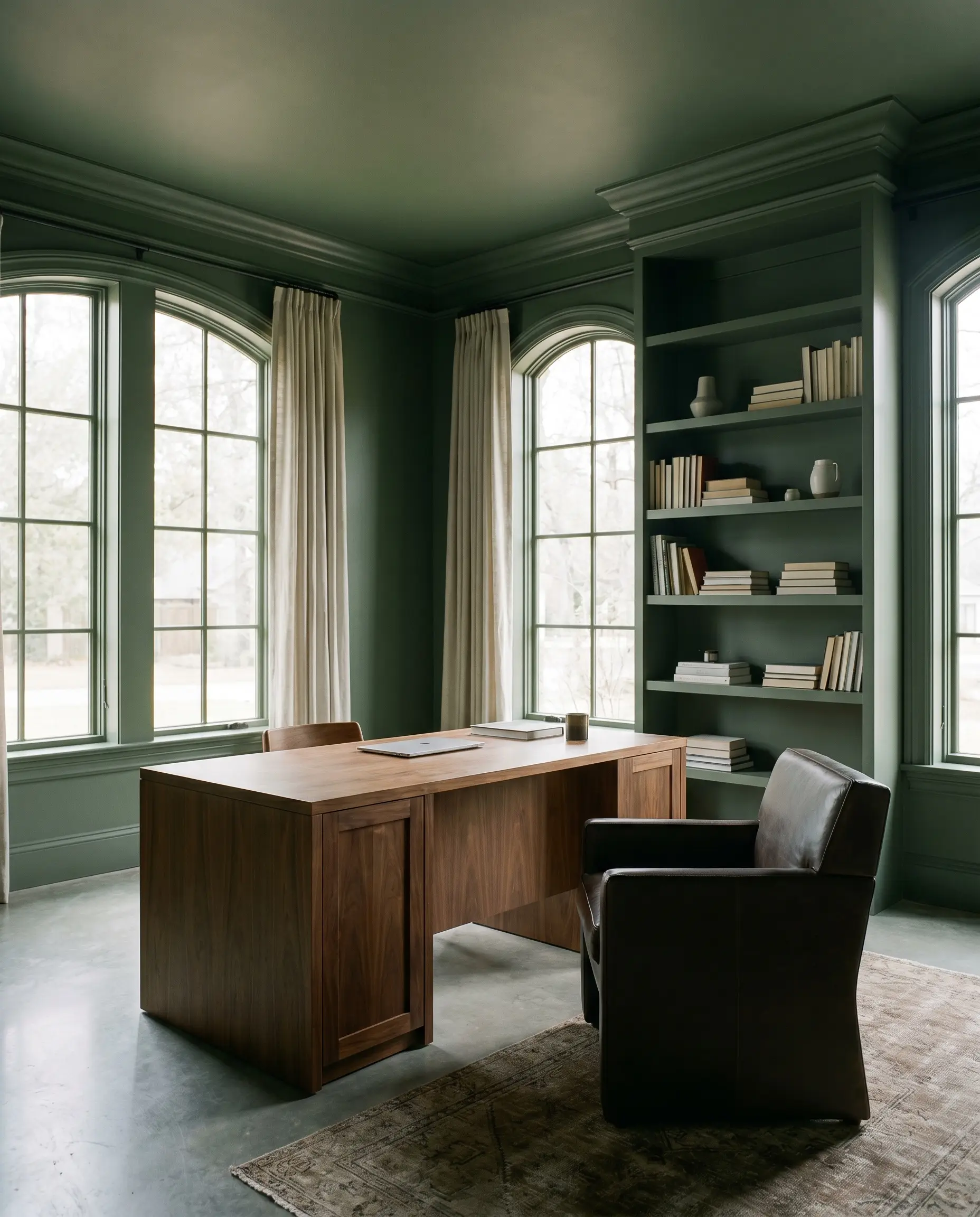 A moody home office features built-in shelving and walls continuously painted in Sherwin-Williams Basil (Hex #626E60), complemented by a warm walnut desk and structured leather chair.
