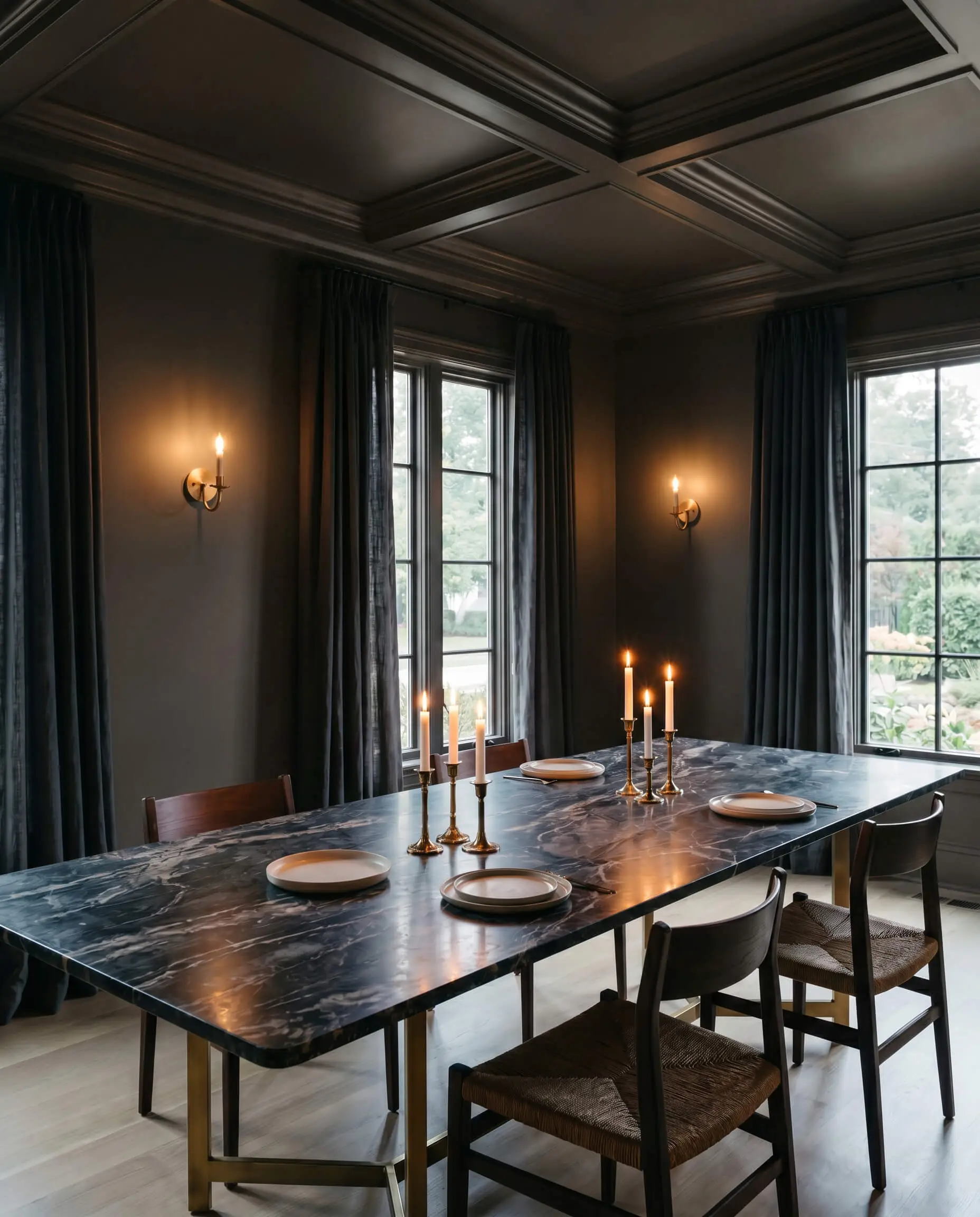 Heavy linen drapery and unlacquered brass sconces frame a heavily veined marble table in a dramatic dining room enveloped in warm brown-black paint.