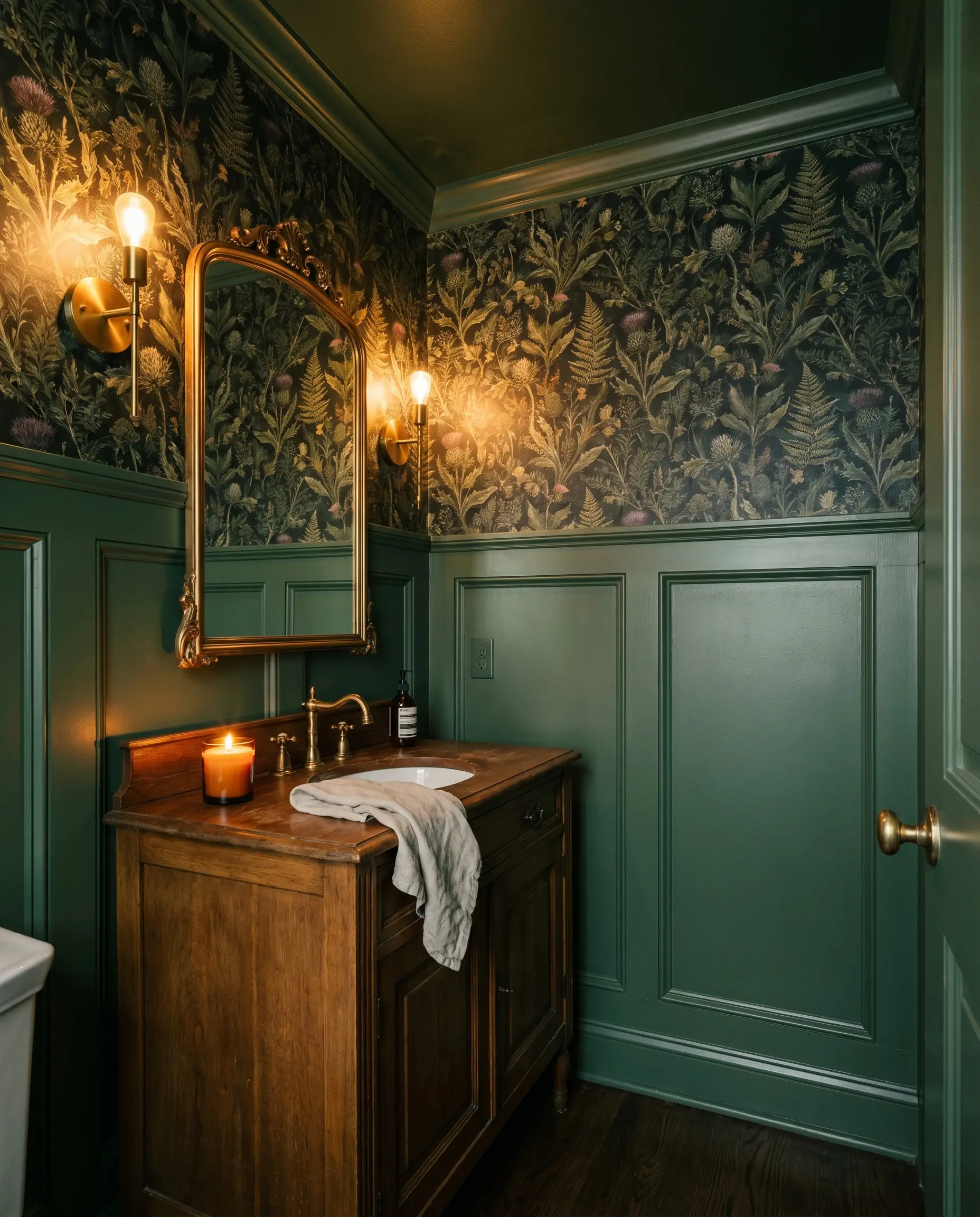 Lower walls and architectural trim painted in Sherwin-Williams Basil (Hex #626E60) anchor a moody powder room featuring vintage-inspired botanical wallpaper and an unlacquered brass mirror.