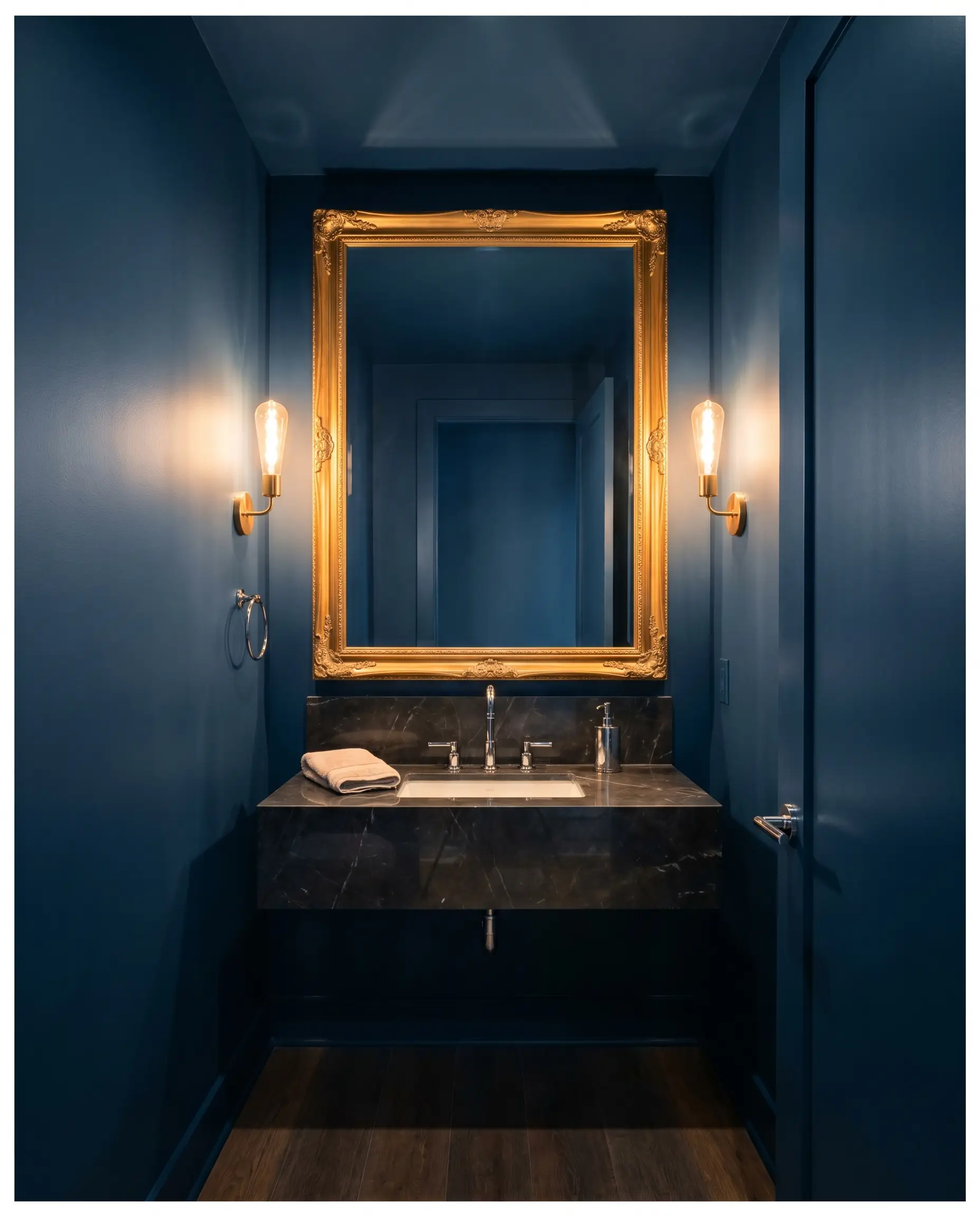 An oversized ornate mirror and polished chrome fixtures highlight a small windowless powder room drenched entirely in Benjamin Moore Polo Blue (Hex #333b44).