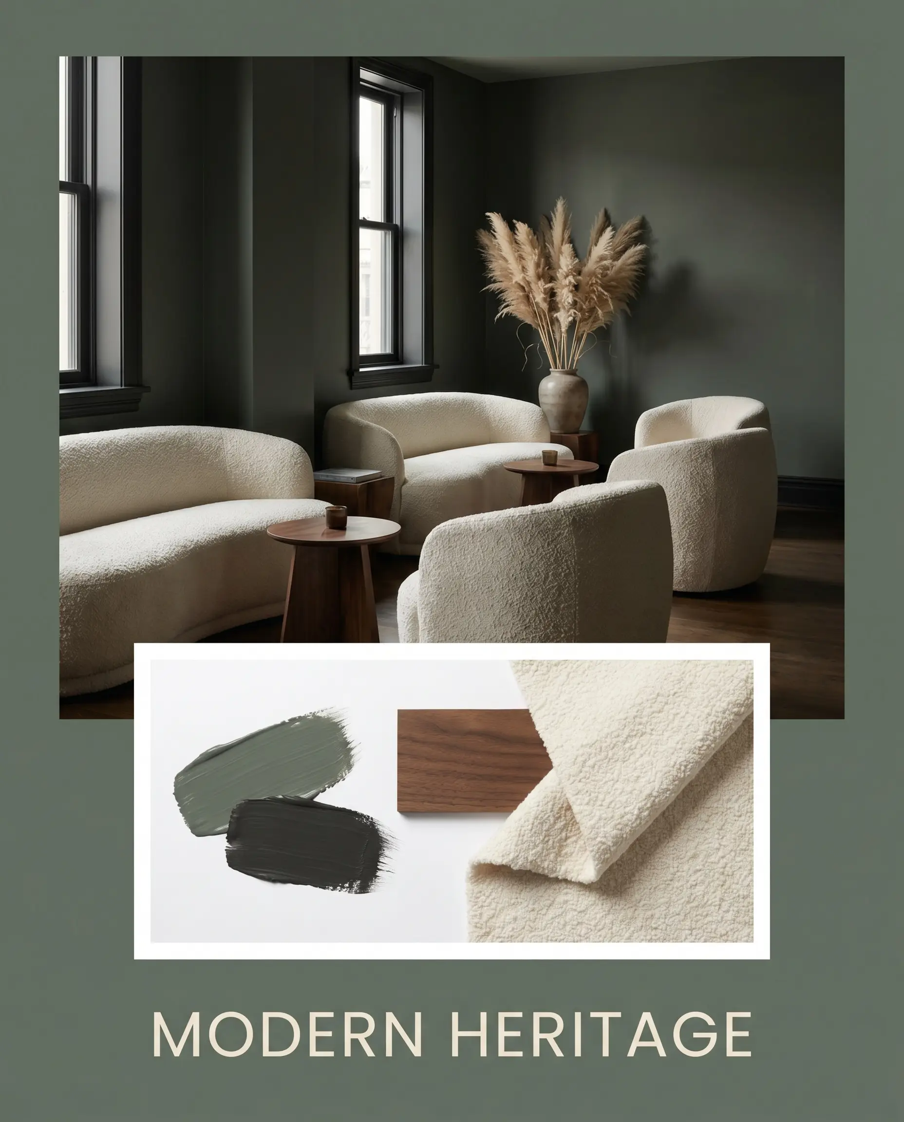 A moody sophisticated concept board layers warm earthy green walls with nubby cream boucle seating, dark walnut side tables, and dried pampas grass in a ceramic vase.