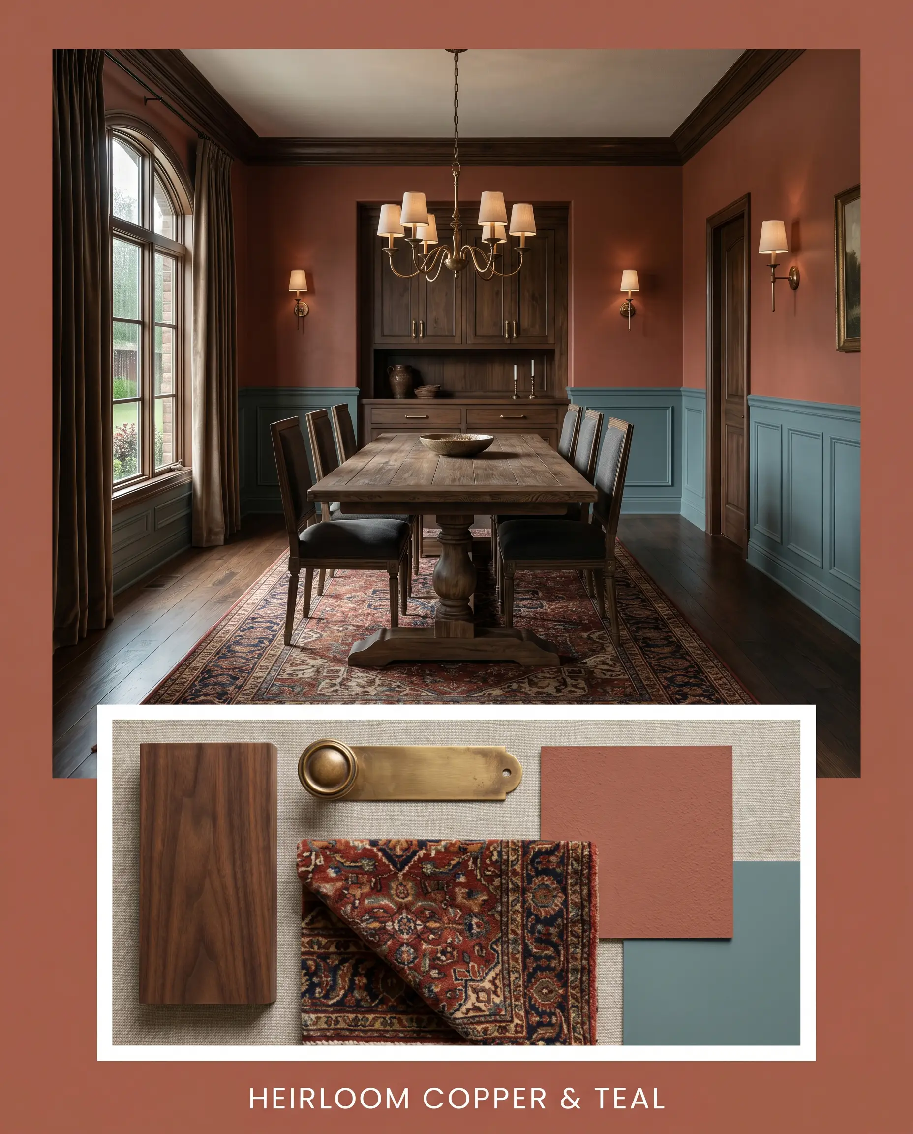 A moody traditional dining room featuring earthy terracotta upper walls and teal wainscoting sits above a curated flat-lay of dark walnut, unlacquered brass, and Persian runner textiles.