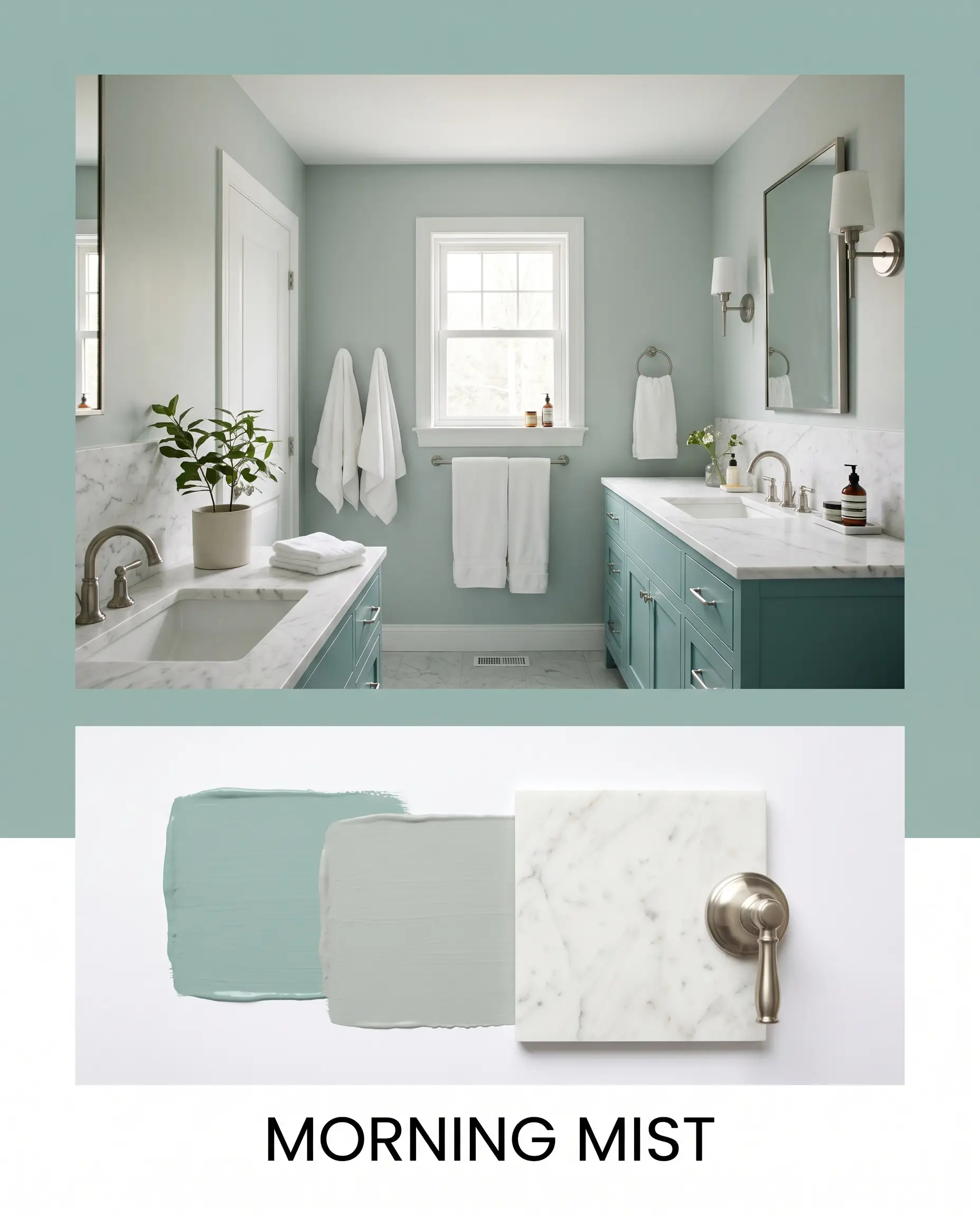 Honed Calacatta marble tile and brushed nickel fixtures surround a gray-leaning aqua painted vanity in a fresh restorative bathroom concept board featuring an inset material flat-lay.