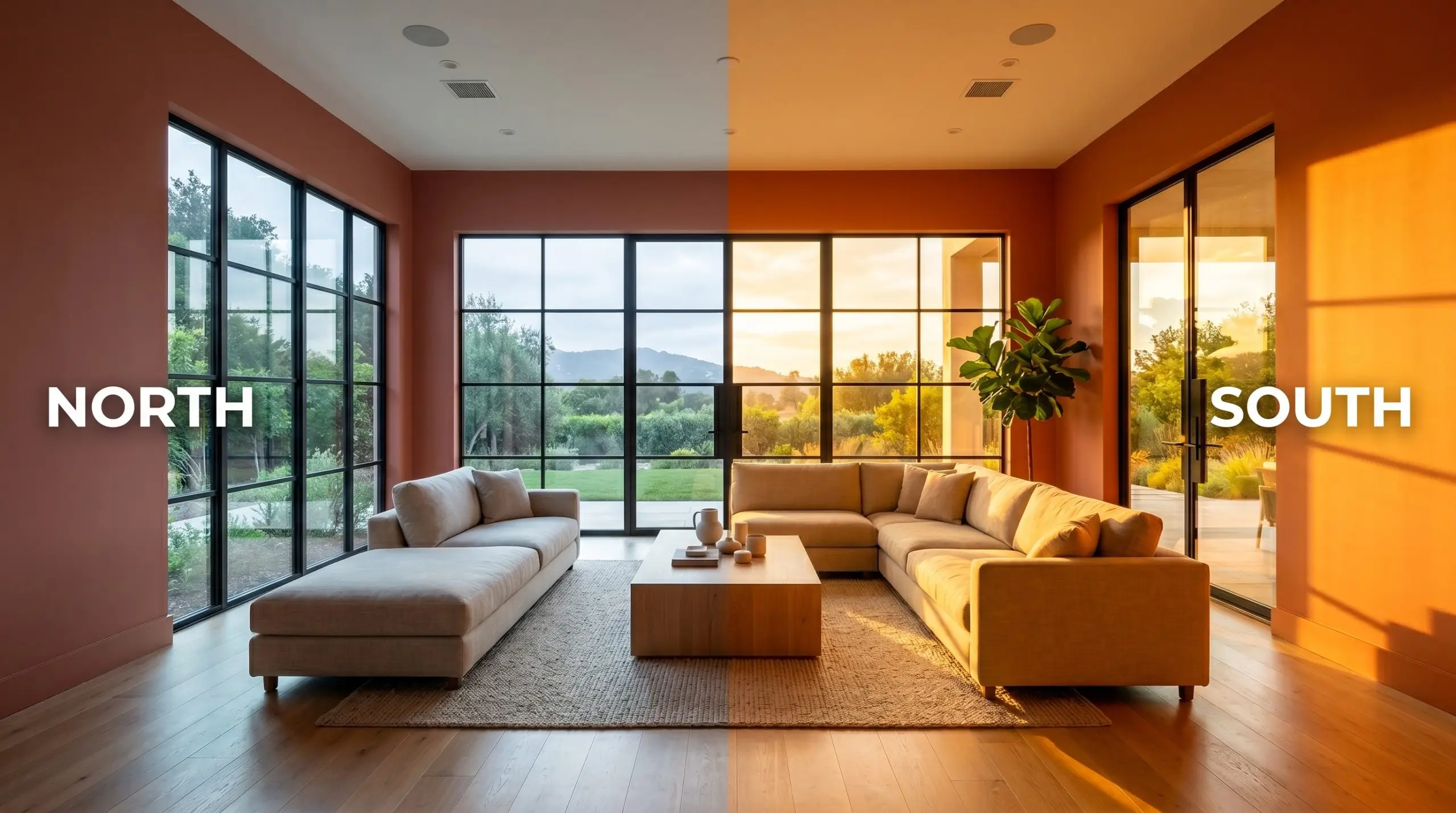 A continuous living room shifts from a flat earthy red in cool Northern daylight to a vibrant warm chromatic profile in intense Southern exposure.
