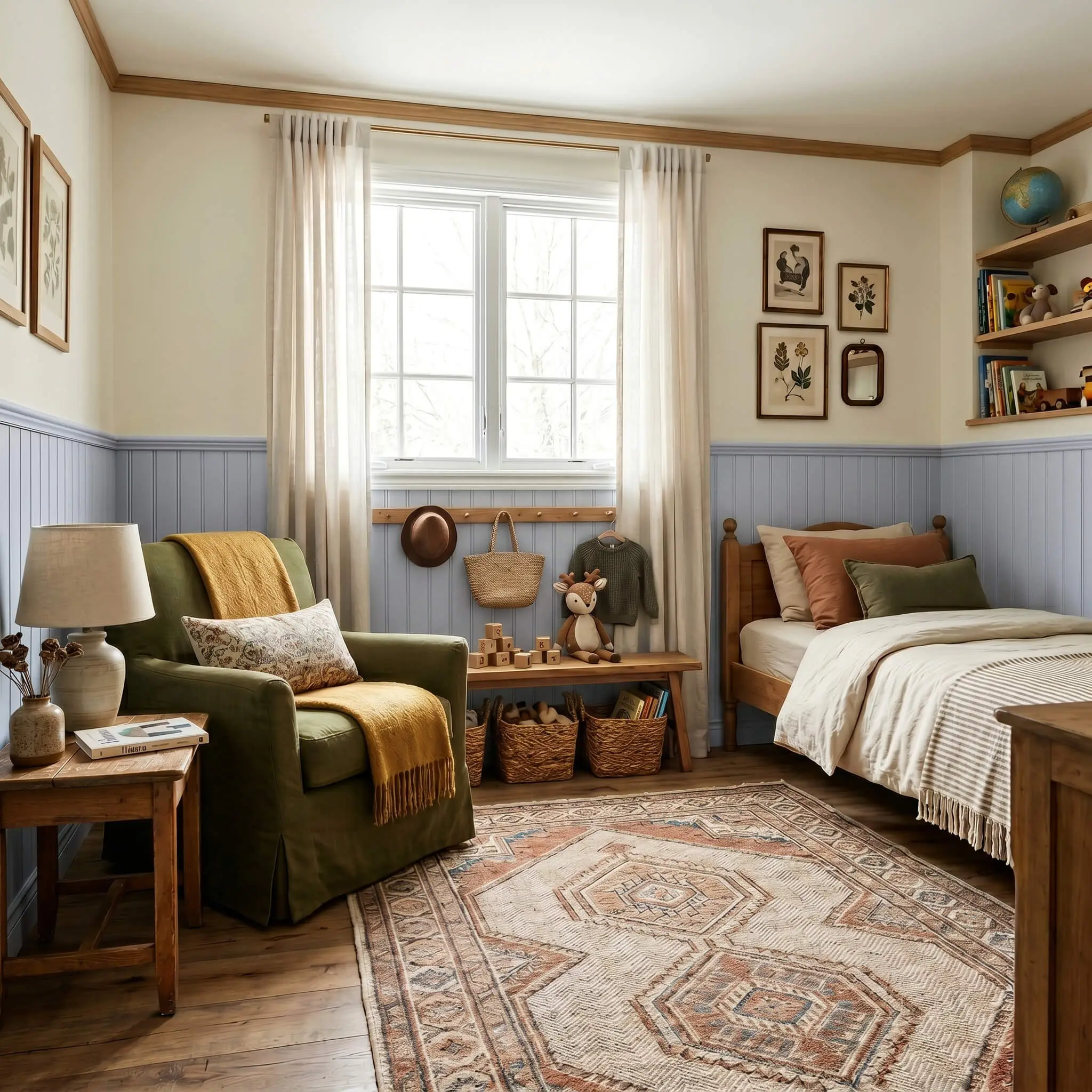 Classic blue-violet undertone beadboard paneling grounds a sophisticated children's room featuring a rich olive green slipcovered armchair and a vintage-inspired herringbone rug.