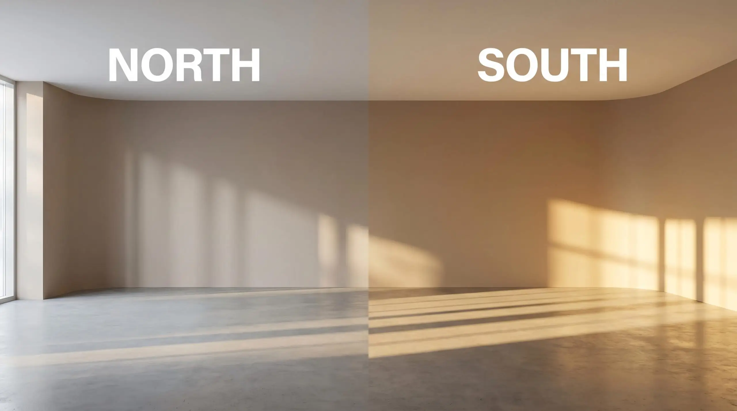 A continuous minimalist room shifts from cool indirect shadows in northern light to golden warmth in southern exposure against earthy beige walls.