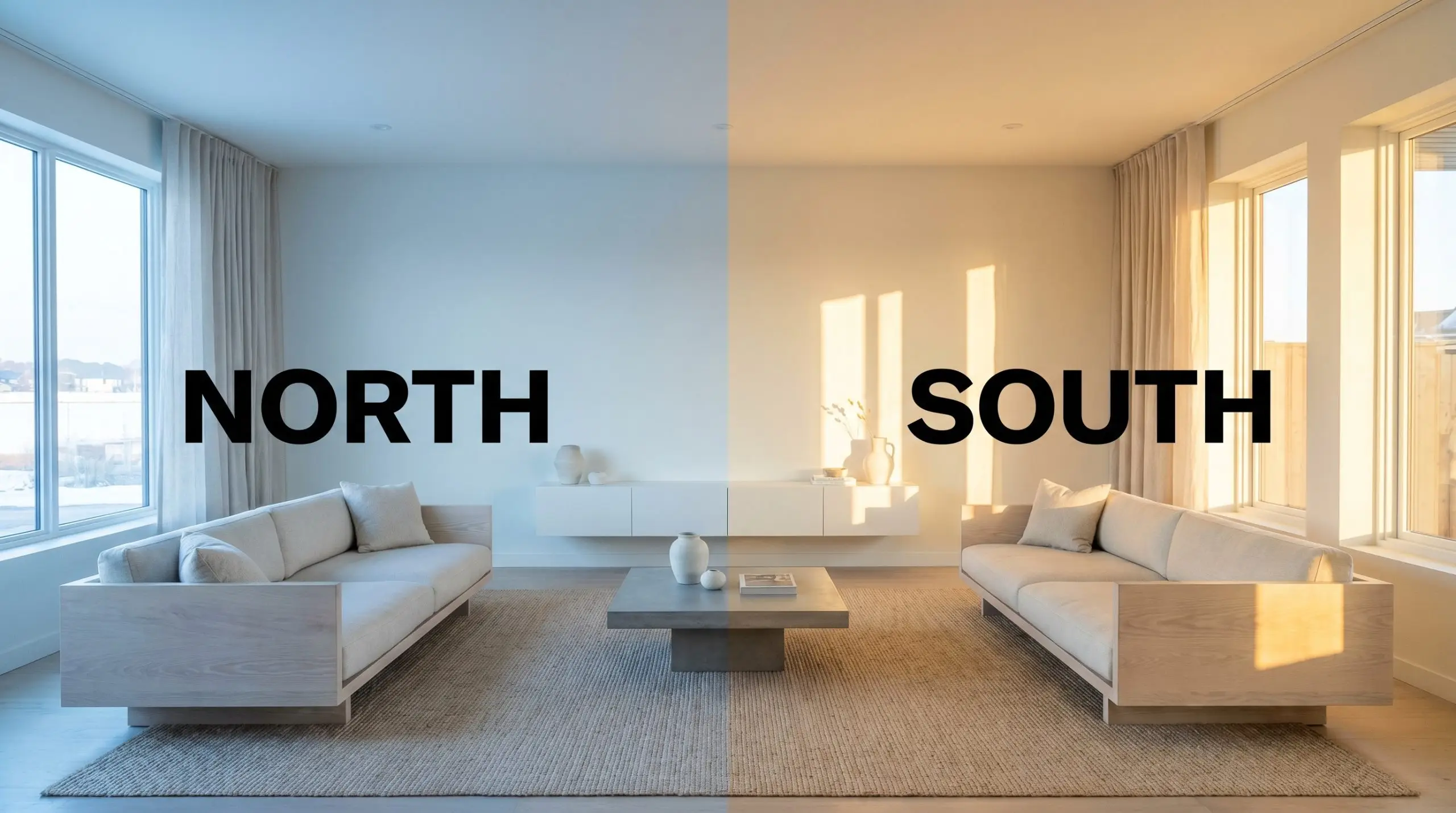 A minimalist living room with bleached ash furniture shows PPG Delicate White shifting from cool gray in North-facing light to warm golden-white in South-facing exposure.