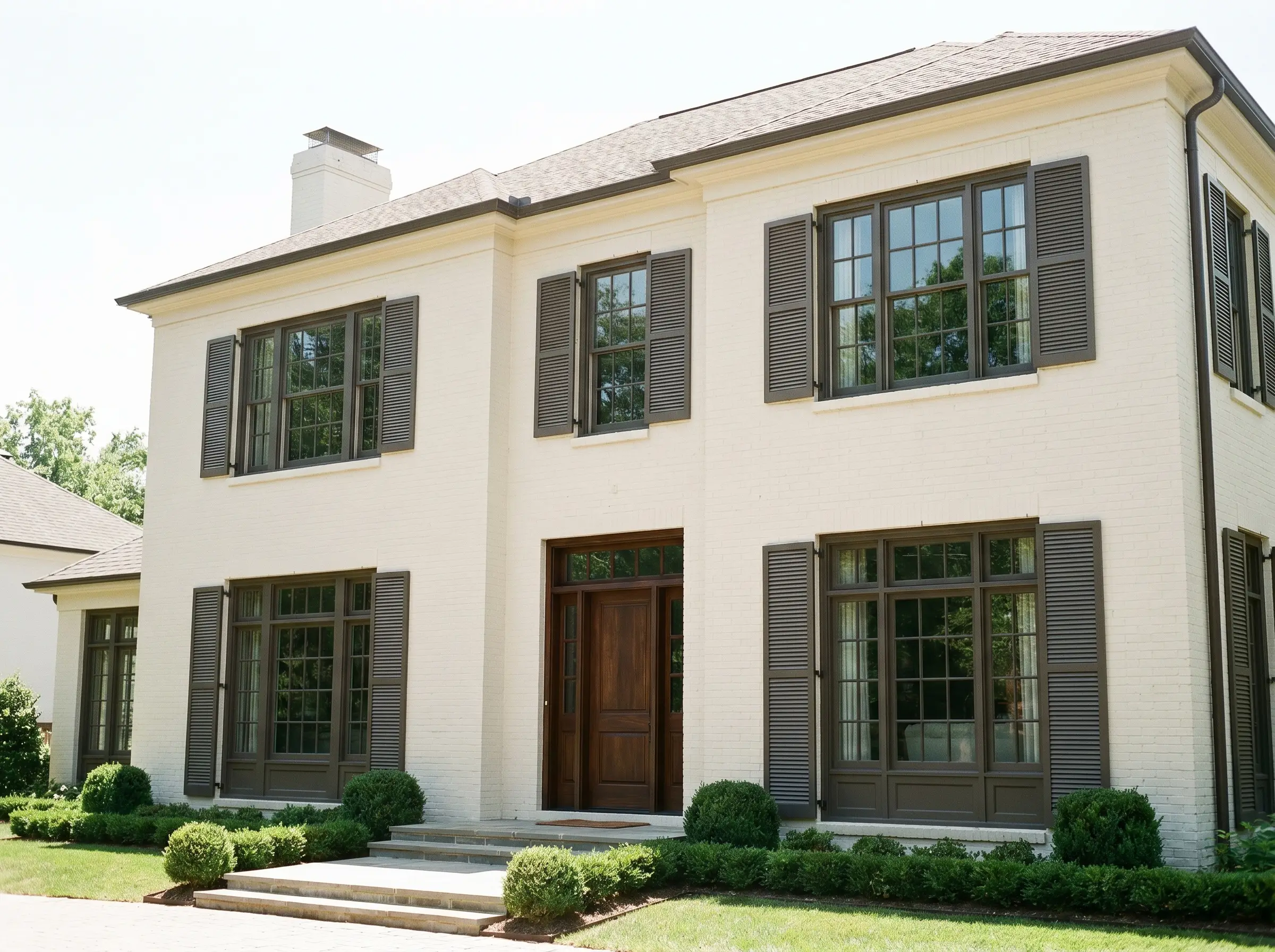 Creamy off-white painted brick and a solid dark wood front door contrast sharply with exterior window trim and shutters painted in a deep brown-black.