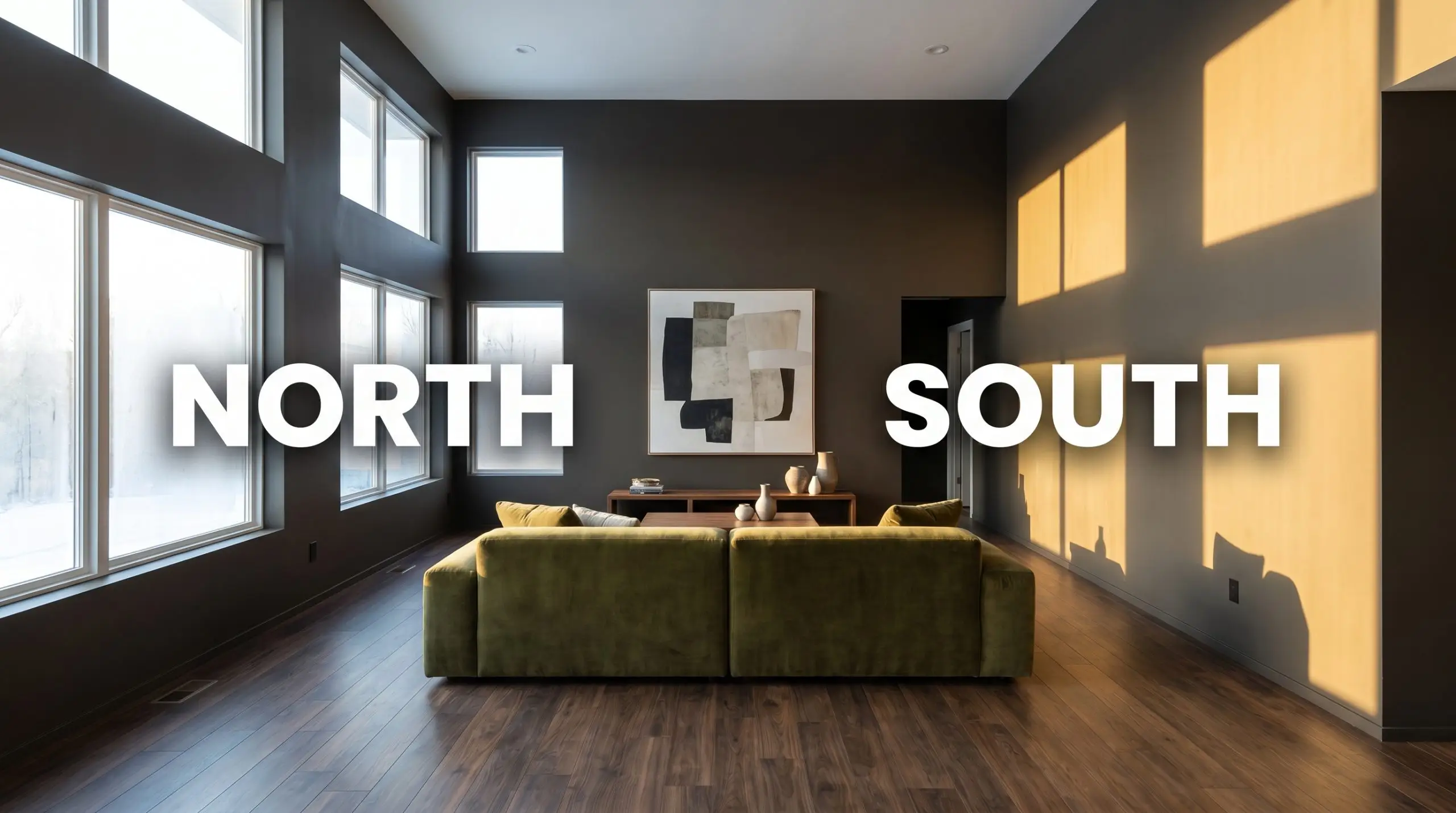 A split-screen living room demonstrates how Benjamin Moore Night Horizon shifts from flat brown-black in cool Northern light to warm violet-brown in direct Southern exposure.