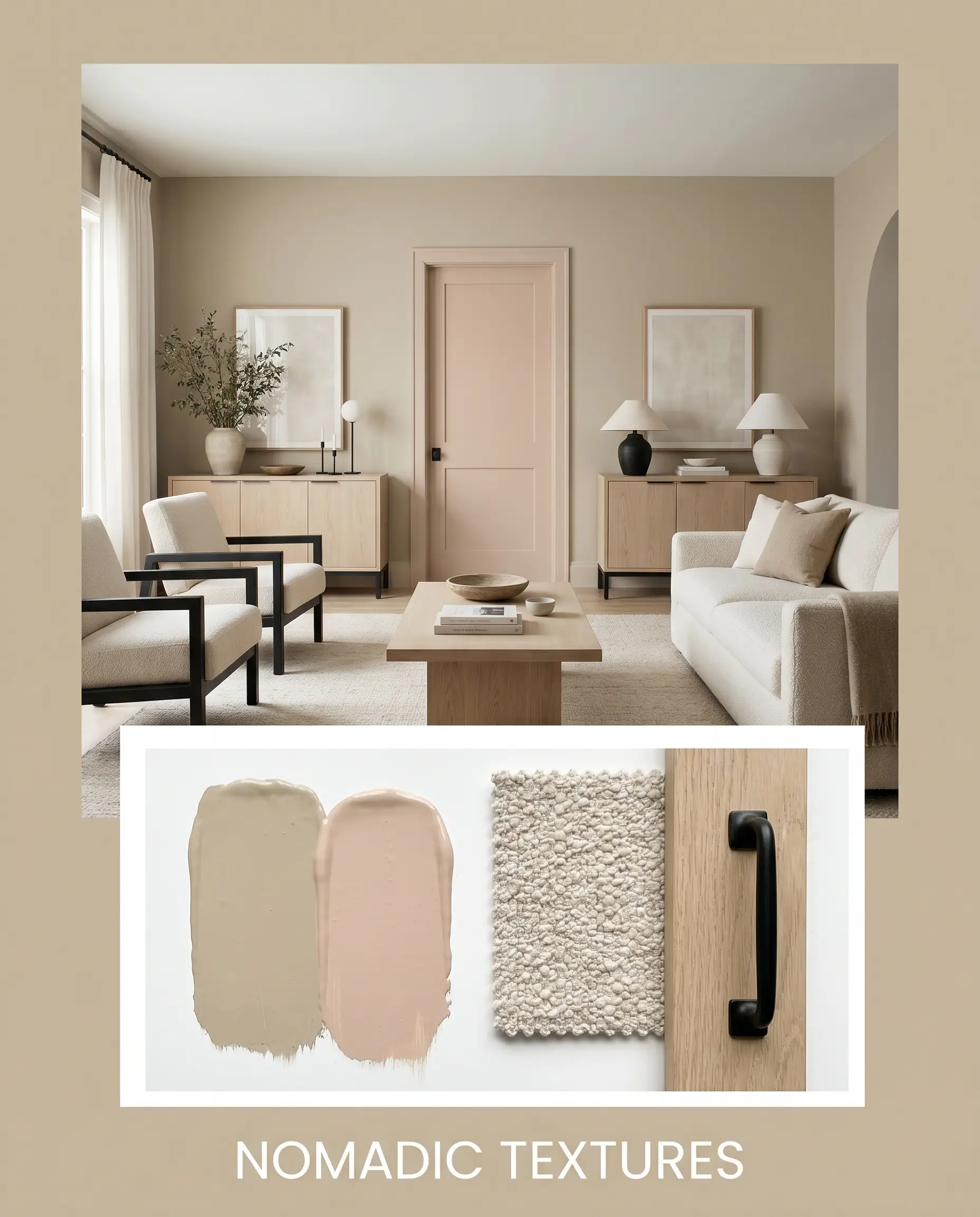 An editorial magazine layout features a relaxed living room with earthy neutral walls above a flat-lay of chunky boucle fabric, bleached oak wood, and a matte black iron pull.