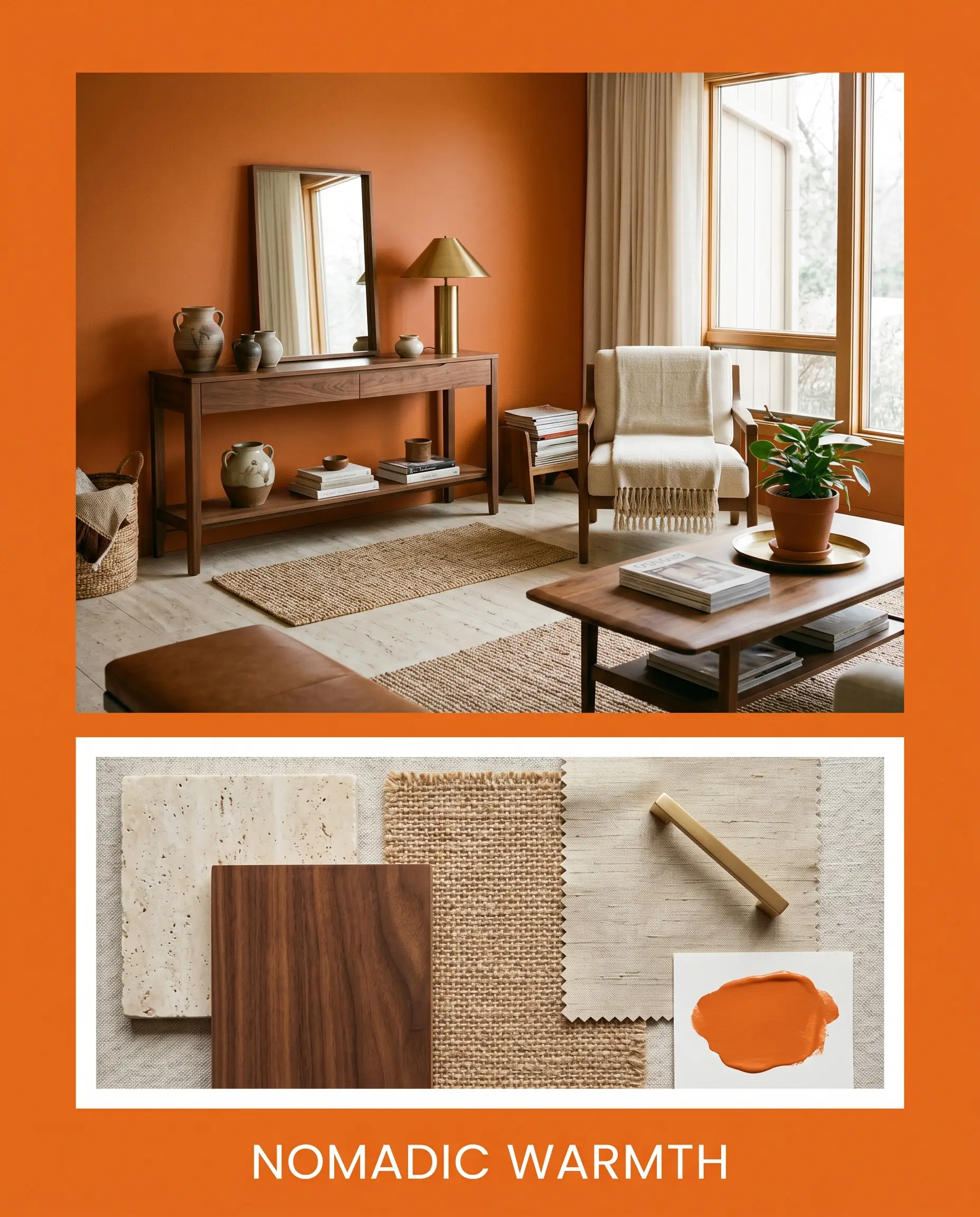 A magazine layout titled NOMADIC WARMTH pairs an organic living space featuring bright orange walls with a flat-lay of honed travertine, walnut wood, jute, and raw silk.