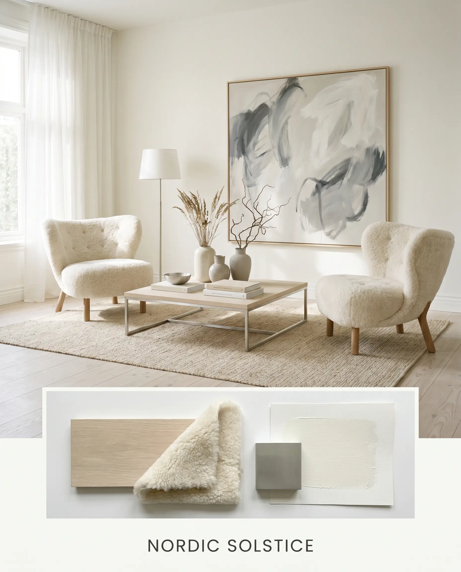 An editorial magazine layout titled NORDIC SOLSTICE showcases a living room painted in Farrow & Ball All White (Hex #f6f6f2) above a flat-lay of pale bleached ash wood, ivory shearling, and unlacquered silver.