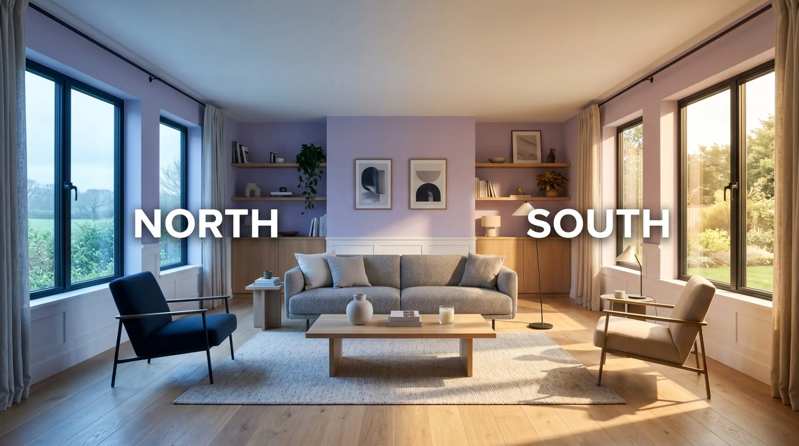 A tailored living room painted in Benjamin Moore Lily Lavender (Hex #DBCEE8) shifts from a cool blue-tinted hue in North-facing light to a warm golden tone in South-facing exposure.