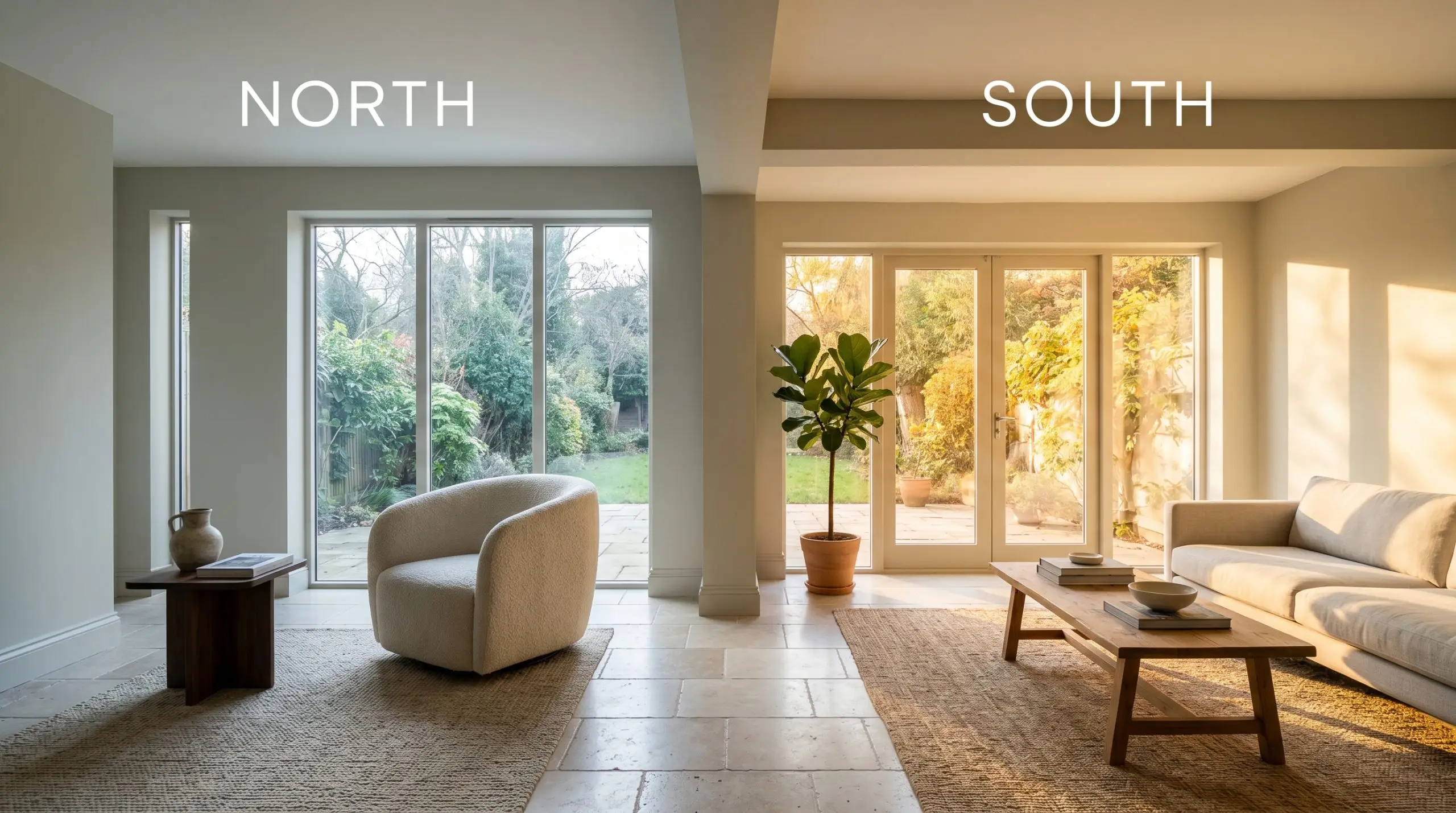 A split-screen lighting comparison of Farrow & Ball Cromarty (Hex #caccc0) in a minimalist living room, shifting from a cool muted green-grey in indirect Northern light to a warm golden tone in Southern exposure.