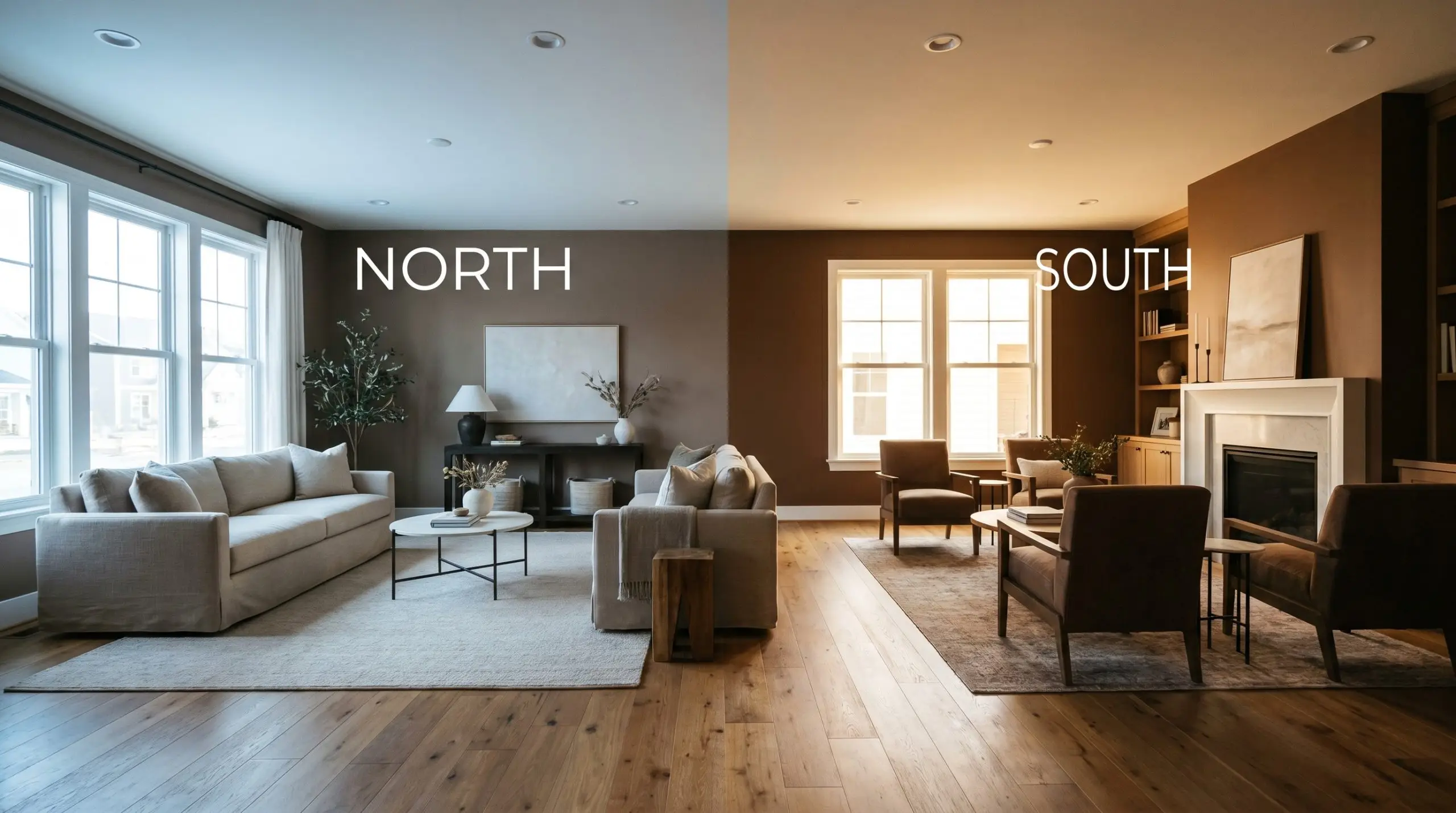 A continuous wide-plank oak floor grounds a transitional living room, shifting from crisp brownish-gray in cool Northern light to baked-earth chocolate in warm Southern exposure.