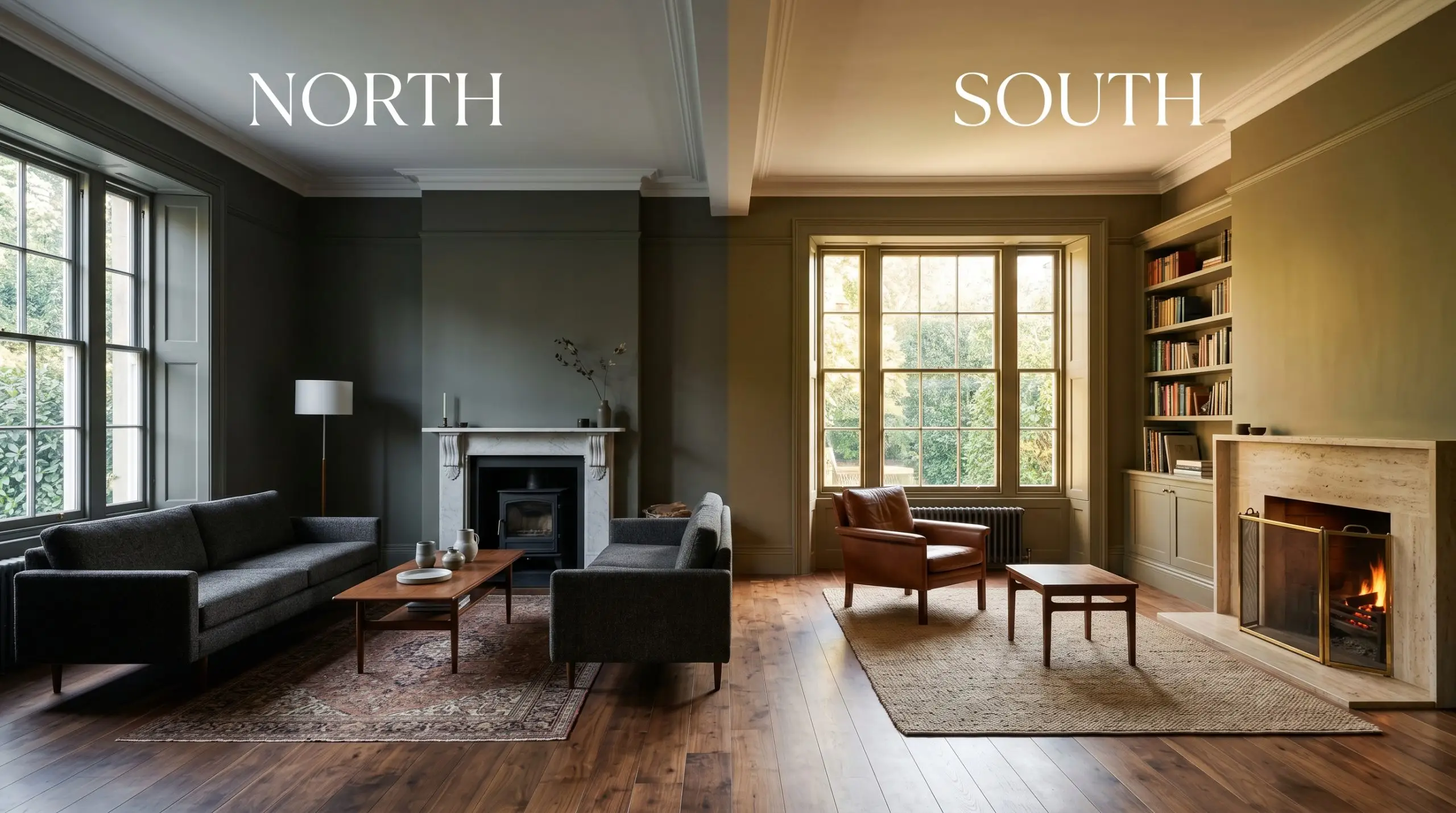 A continuous living room space featuring natural walnut flooring and tumbled travertine accents, shifting from a shadowed dark gray-green in cool Northern light to a glowing olive-bronze in warm Southern exposure.