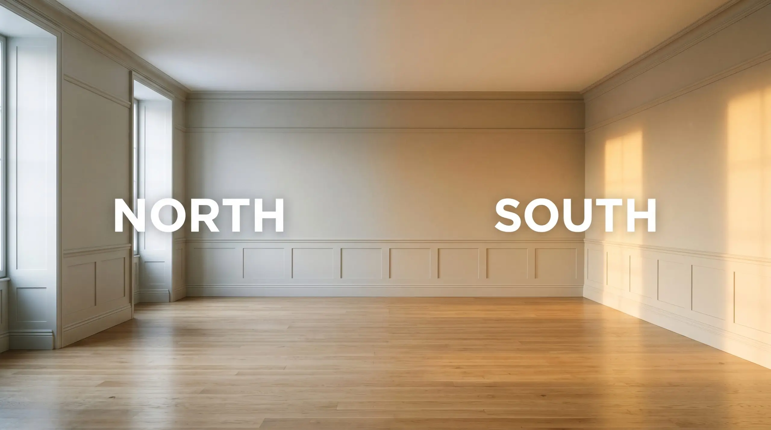 A split-screen architectural view shows wainscoted walls shifting from a cool, crisp greige under North-facing light to a warm, golden hue in South-facing exposure.