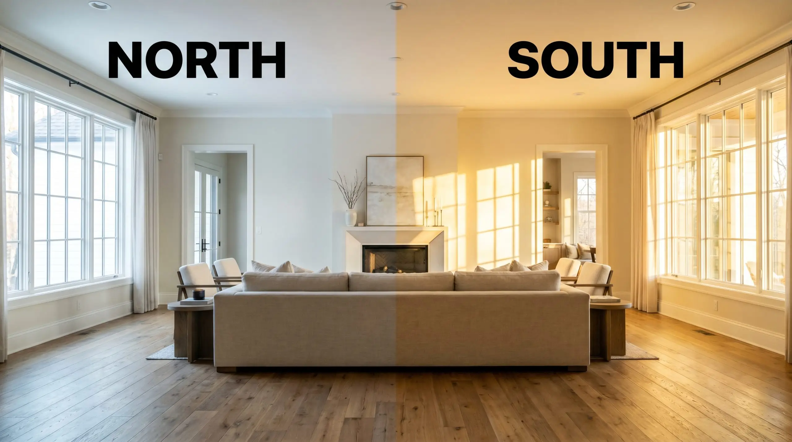 A split-screen living room with reclaimed elm flooring showcases Sherwin-Williams Creamy shifting from cool under North-facing light to buttery warmth in South-facing sunlight.