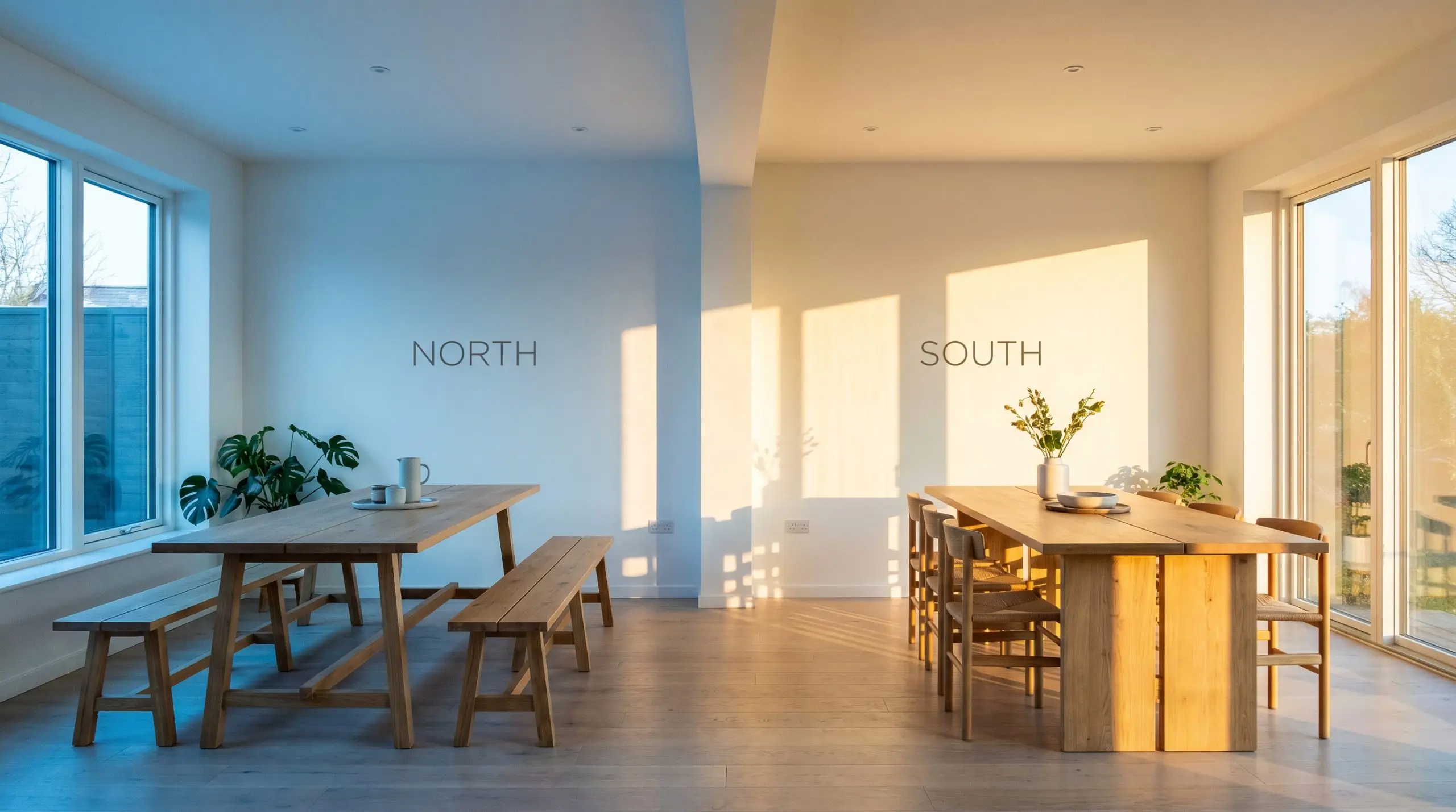 A continuous dining room painted in Farrow & Ball All White (Hex #f6f6f2) shifts from cool blue-tinted North-facing light on the left to crisp warm South-facing direct sunlight on the right, illuminating a raw oak dining table.