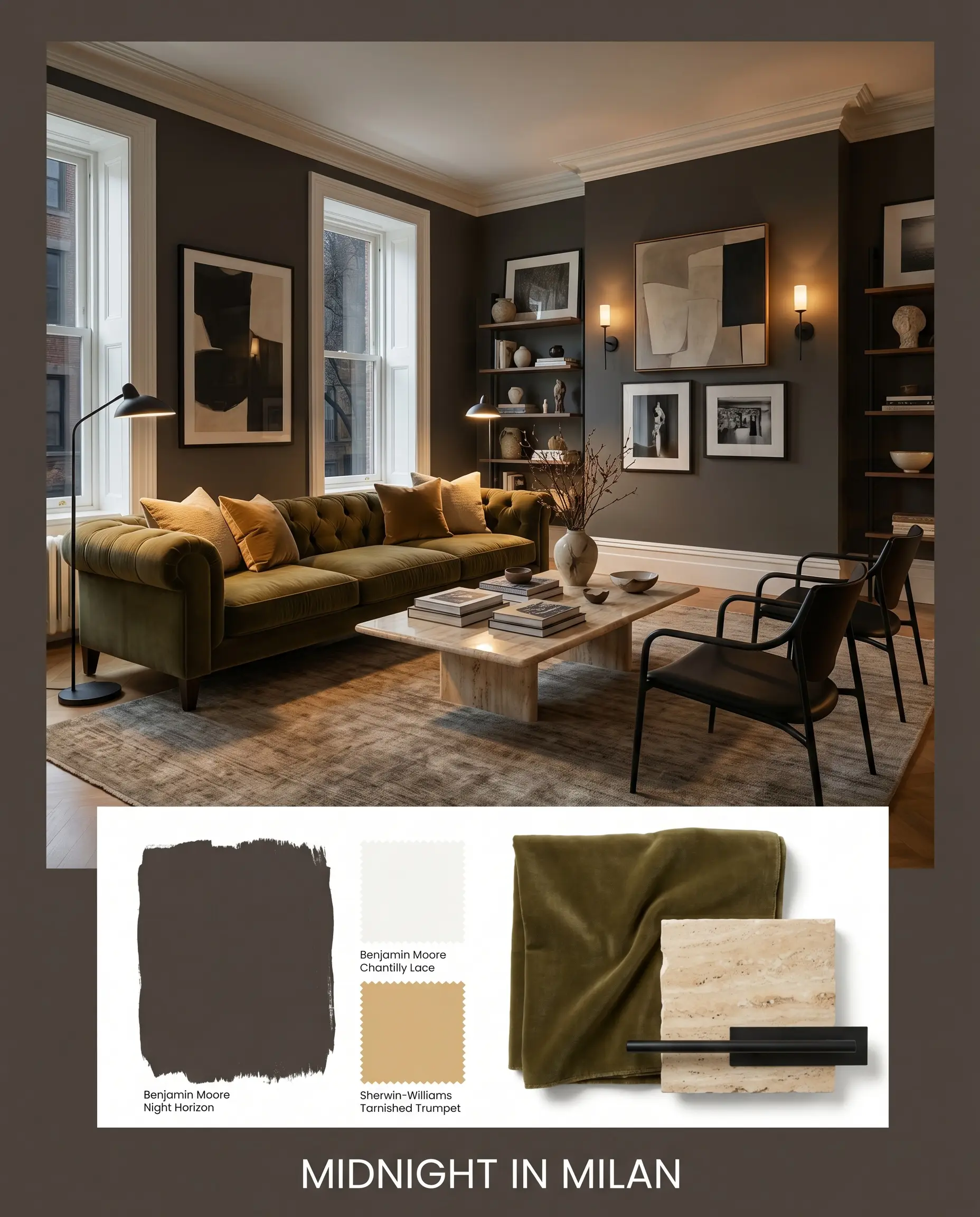 An editorial concept board showcases a tailored living room painted in Benjamin Moore Night Horizon paired with olive mohair, travertine stone, and matte black metal.
