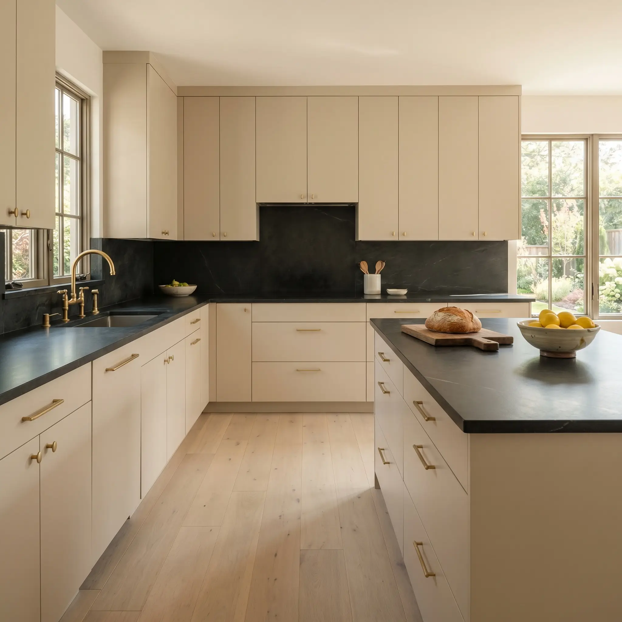 Sleek flat-panel cabinetry painted in PPG Sourdough (Hex #ddcfbc) pairs perfectly with dark honed soapstone countertops and a living finish brass bridge faucet.