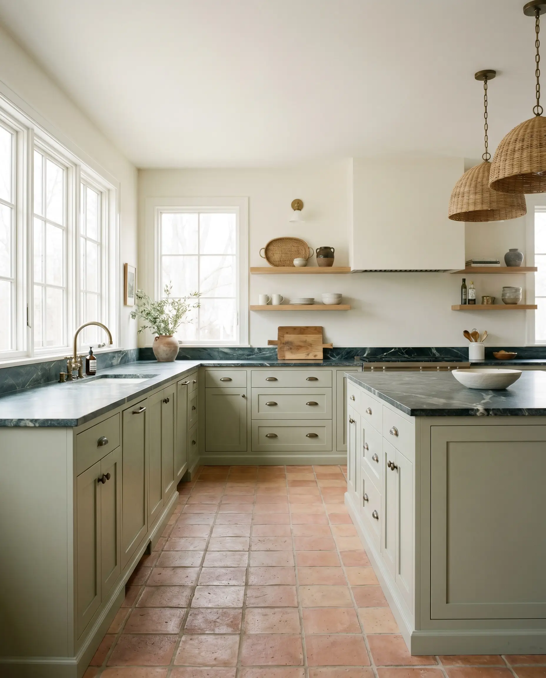 A central kitchen island and lower cabinets painted in Behr Jojoba (Hex #b0b9a6) anchor a bright space featuring heavily veined soapstone counters, raw unglazed terracotta floor tiles, and antiqued bronze hardware.