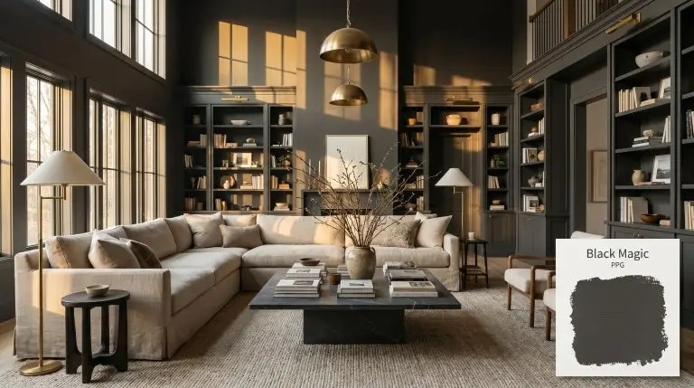 A grand open-concept living space features built-in bookshelves painted in PPG Black Magic (Hex #414040), a washed linen sectional, and a honed soapstone coffee table.