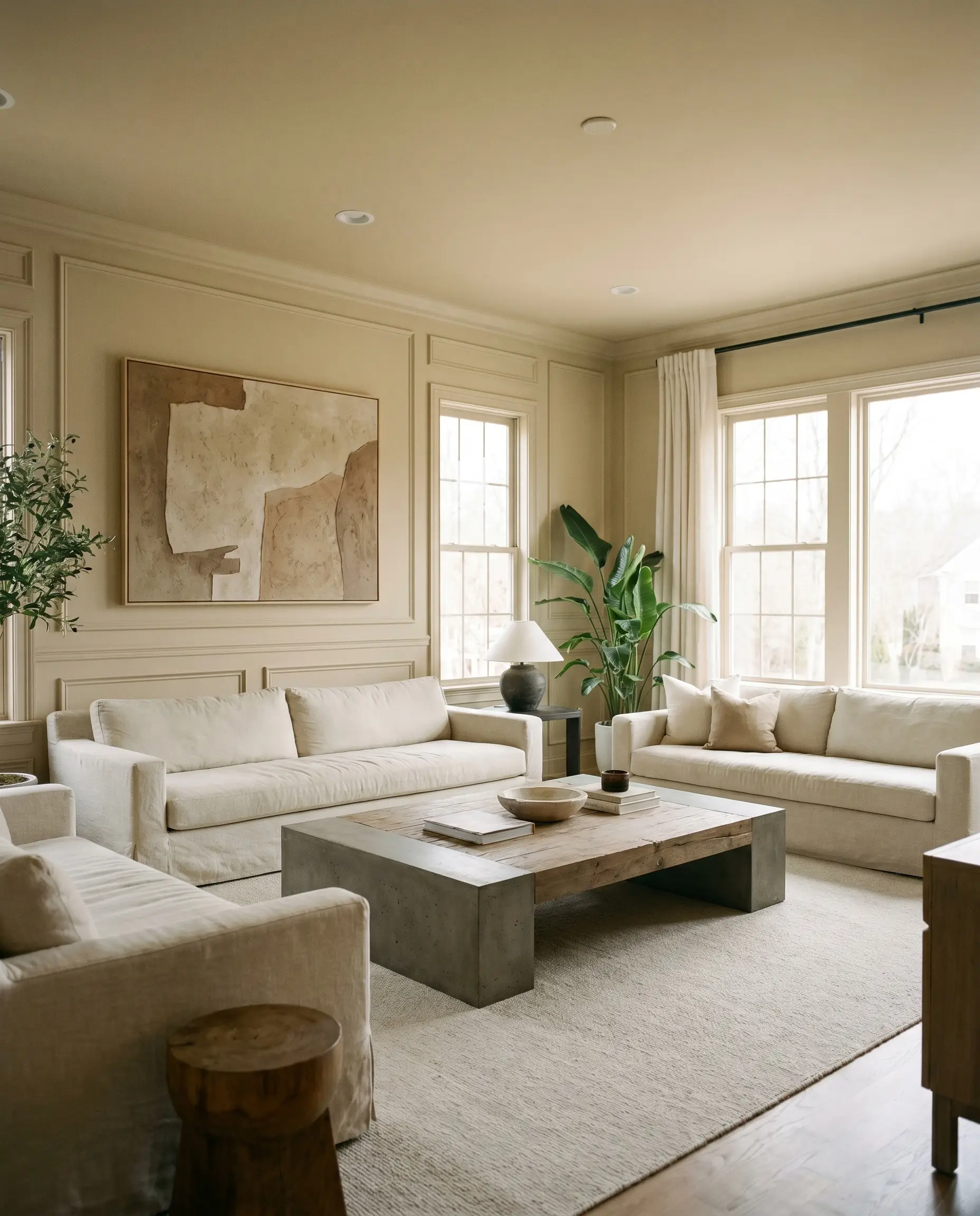 Classic picture frame molding painted in PPG Soft Suede (Hex #d8cbad) backdrops low-profile washed linen slipcovered sofas and a bold brutalist coffee table.
