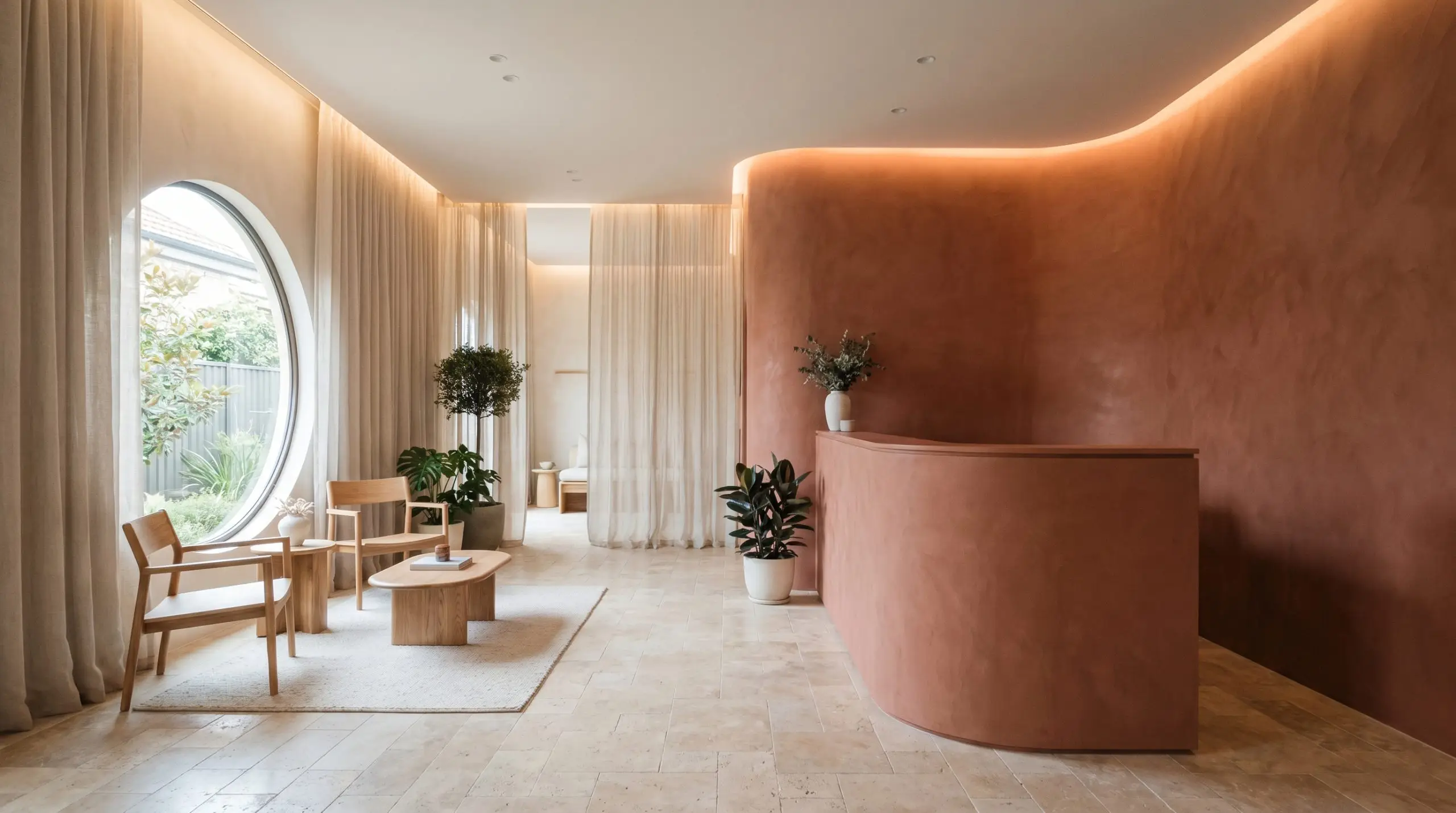 A textured plaster accent wall and reception desk finished in Benjamin Moore Baked Terra Cotta (Hex #B36957) anchor a calming holistic wellness studio with tumbled travertine floors.