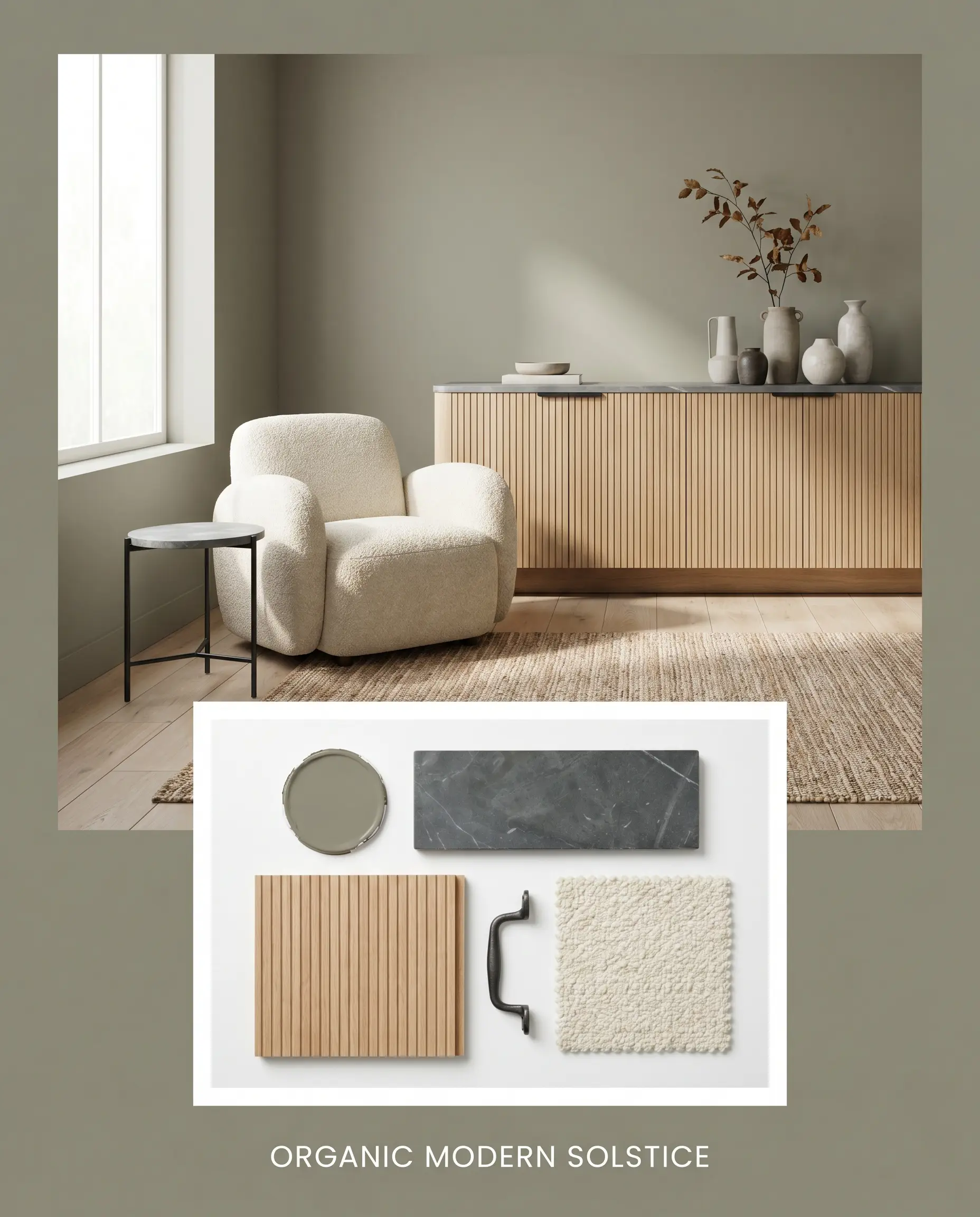 An editorial concept board titled ORGANIC MODERN SOLSTICE pairs a serene room shot with a flat-lay containing a muted olive tone swatch, soapstone, fluted white oak, blackened steel, and nubby bouclé.