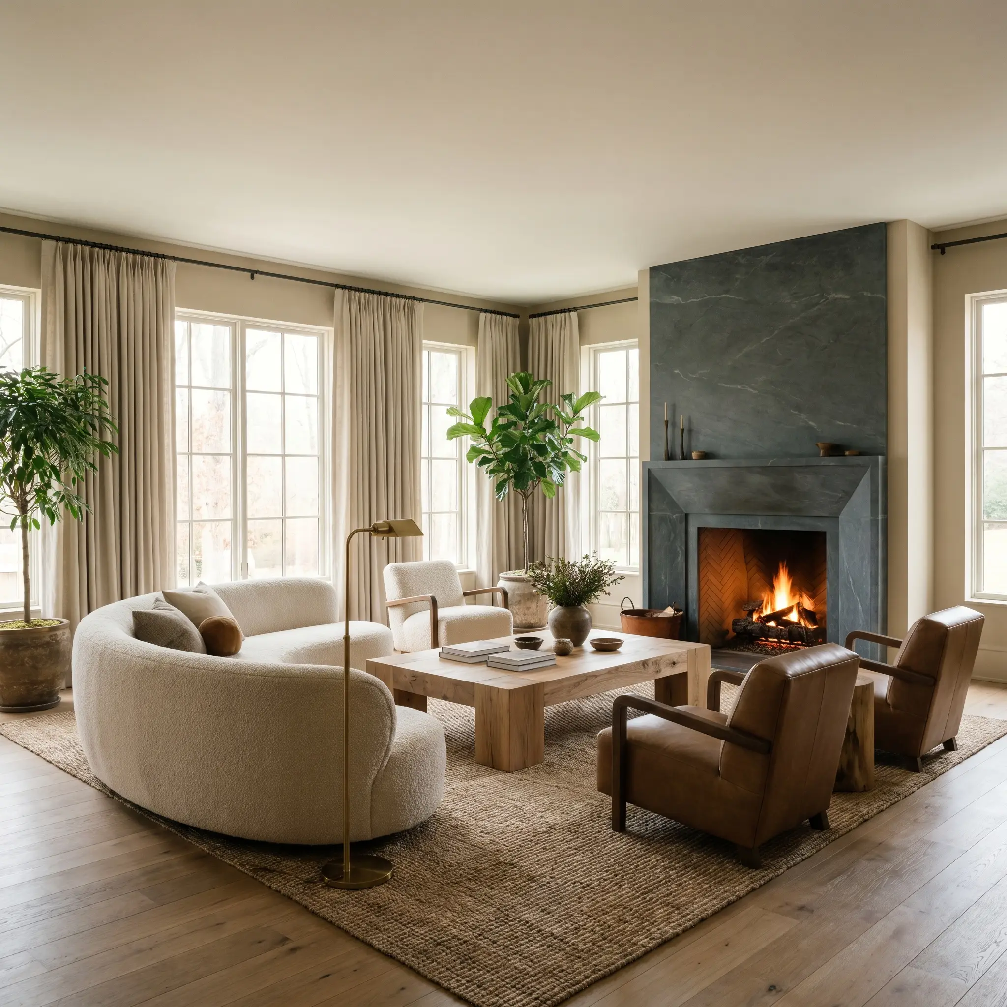 Heavy oatmeal linen drapery and a honed soapstone fireplace surround anchor a minimalist living room featuring raw wire-brushed oak flooring and mid-tone tan walls.