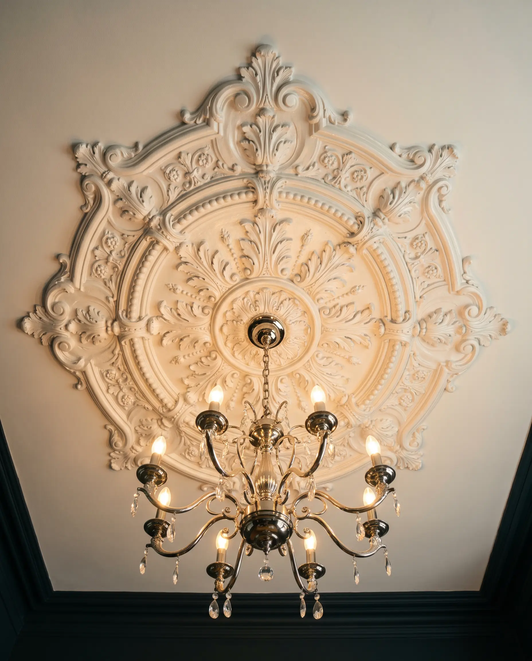 A polished nickel chandelier hangs from a highly ornate plaster ceiling medallion painted Farrow & Ball Wimborne White (Hex #f4f2e7), catching warm reflections.
