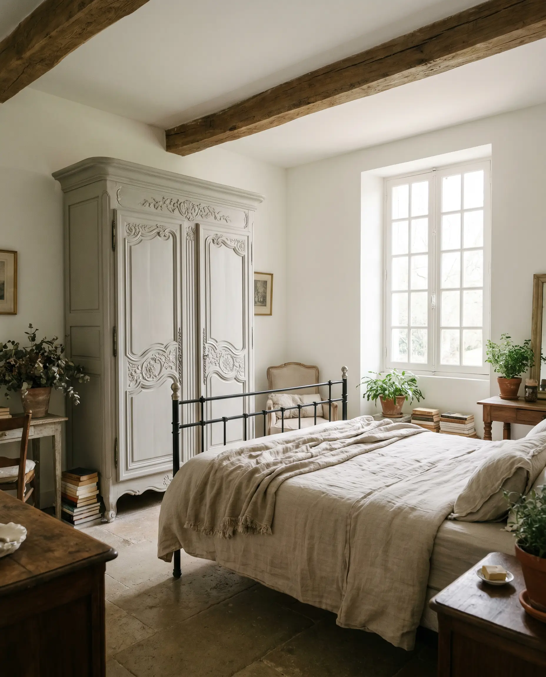 A massive ornate wooden vintage armoire painted in Benjamin Moore Classic Gray (Hex #E3E0D7) anchors a relaxed guest suite featuring a wrought iron bed frame.