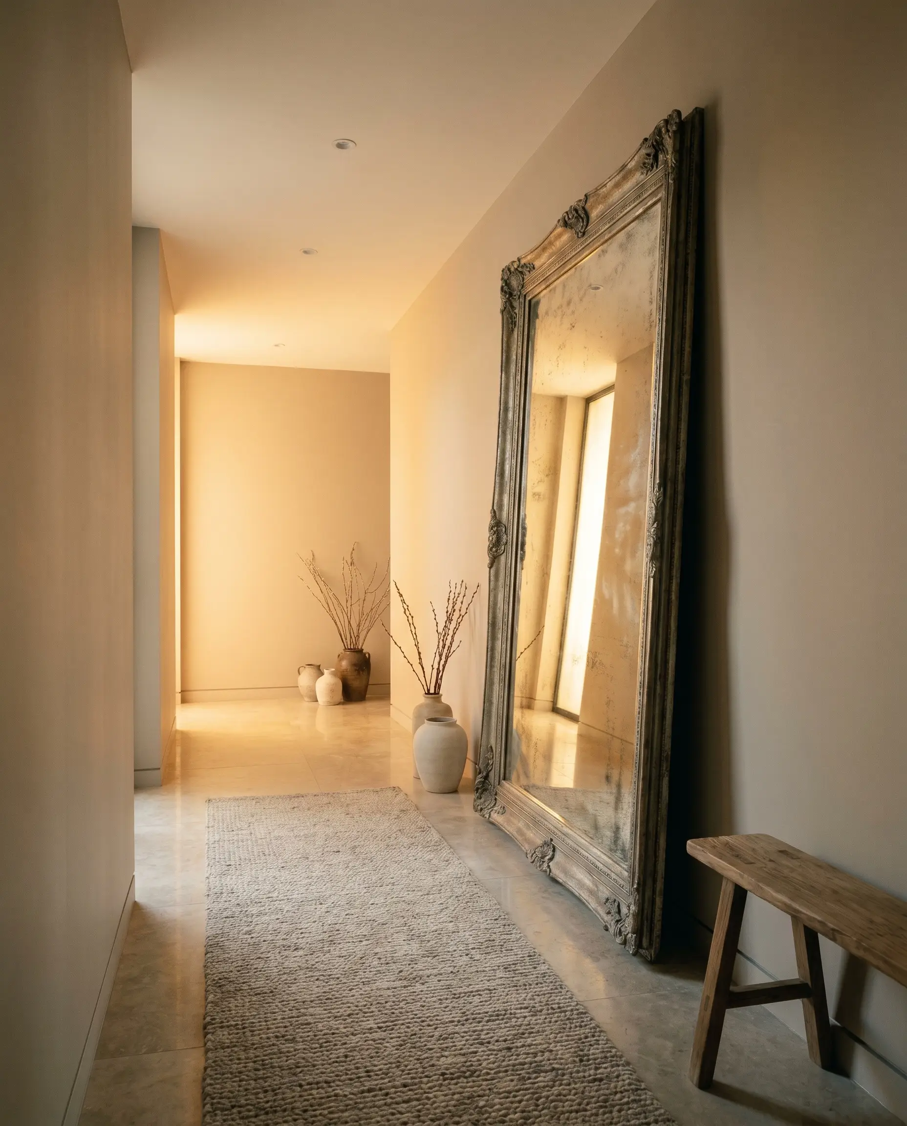 An oversized antiqued floor mirror rests against a warm mushroom beige wall in a narrow corridor entryway.