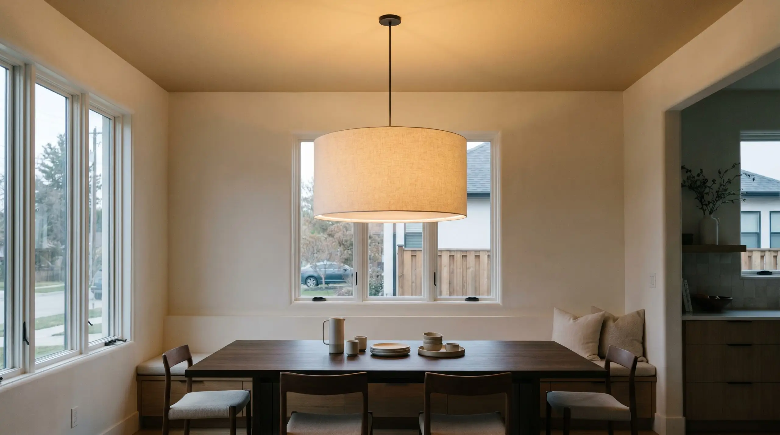 An oversized fabric drum pendant hangs from a warm neutral painted ceiling, casting a flattering glow over a dark wood dining table.