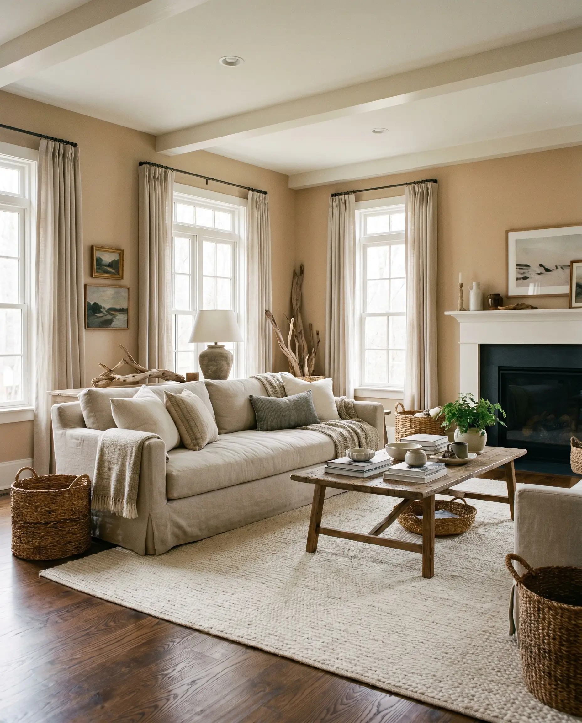 An oversized linen sofa sits on richly stained oak floors beside a creamy white rug in a relaxed golden-beige living room.