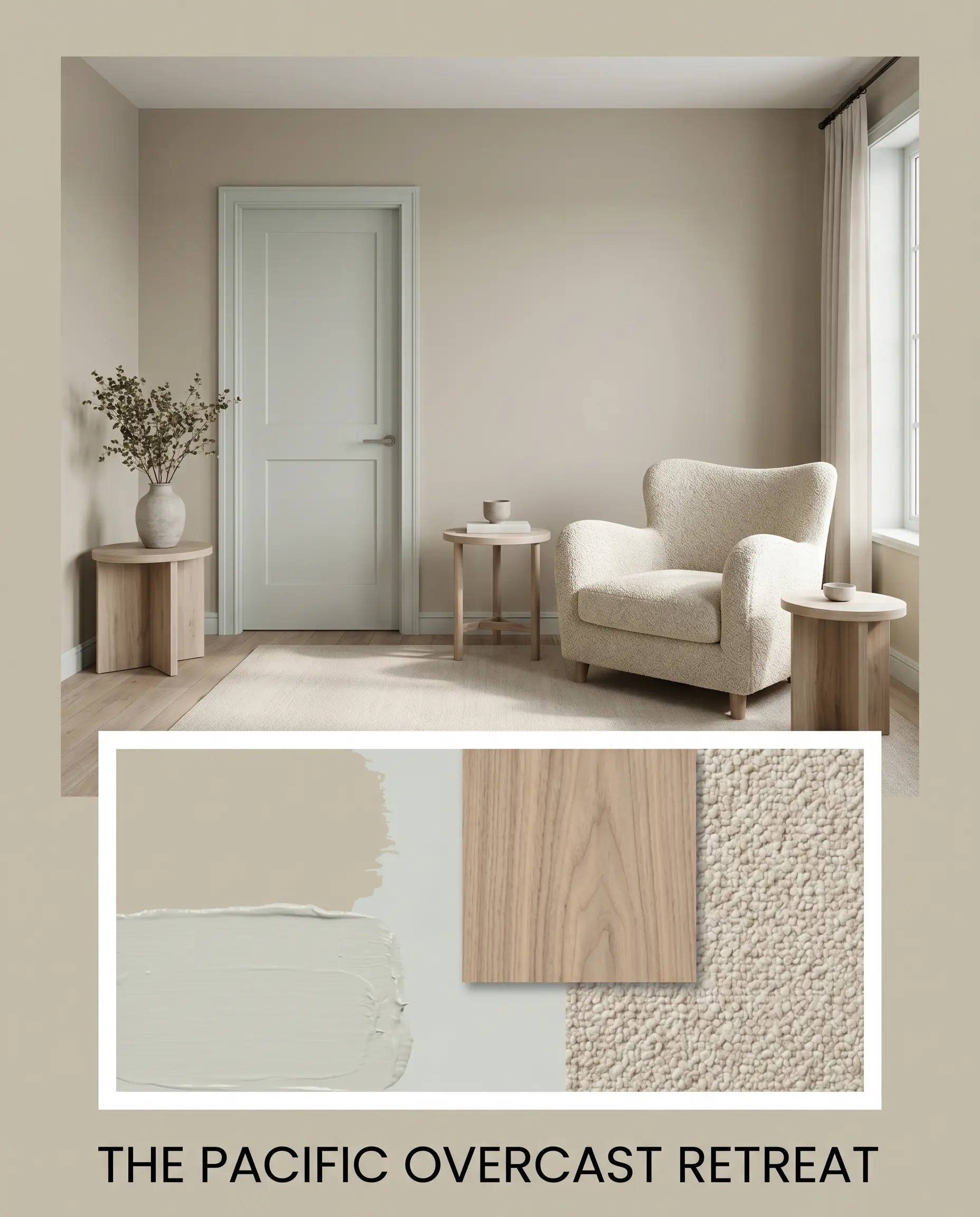 An editorial magazine layout showcases a serene retreat painted in Drop Cloth (Hex #c5bdac) above a flat-lay of bleached walnut and chunky wool bouclé.