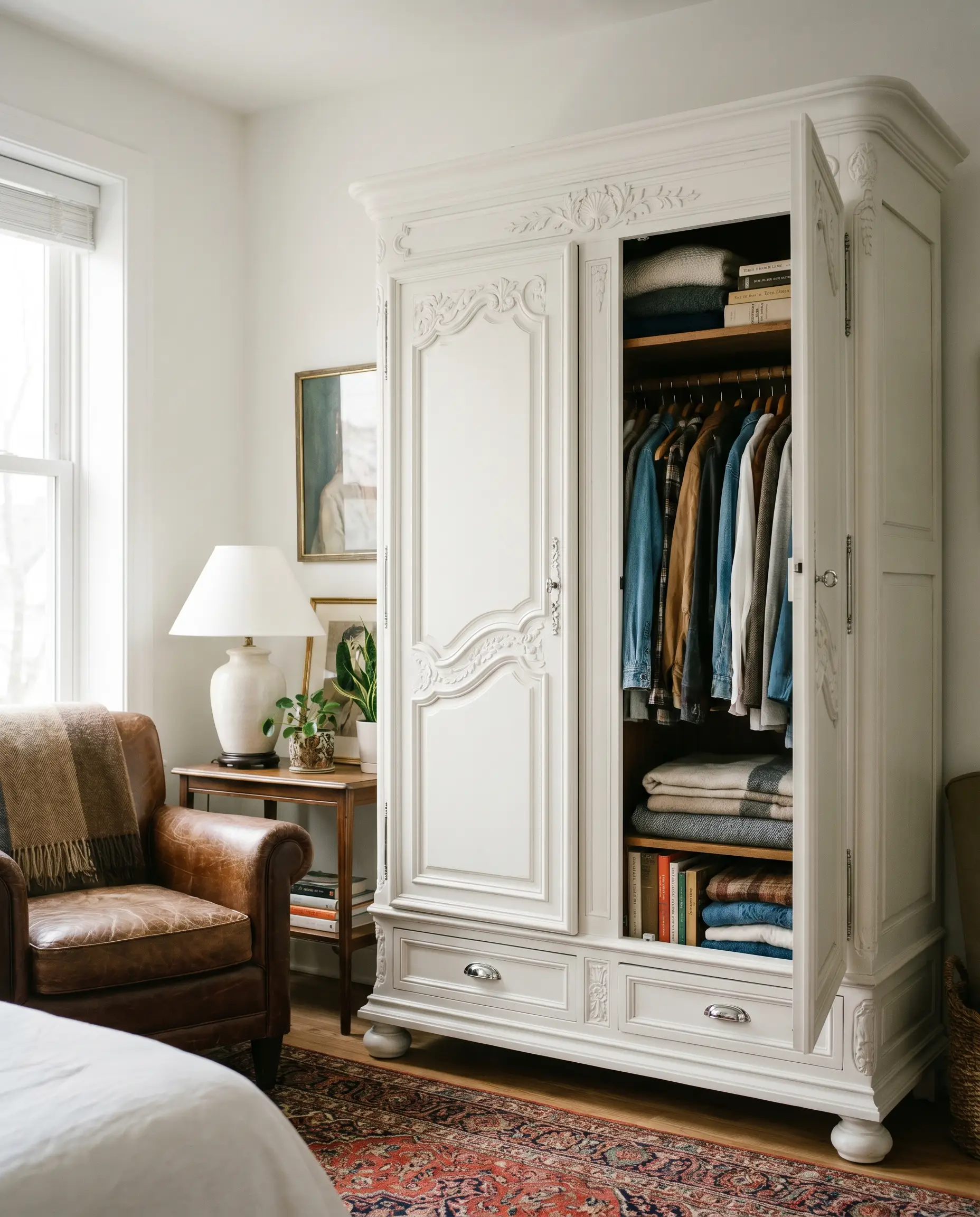 A heavy antique armoire painted in a warm off-white showcases intricate carvings, molding details, and polished chrome hardware in a bedroom corner.