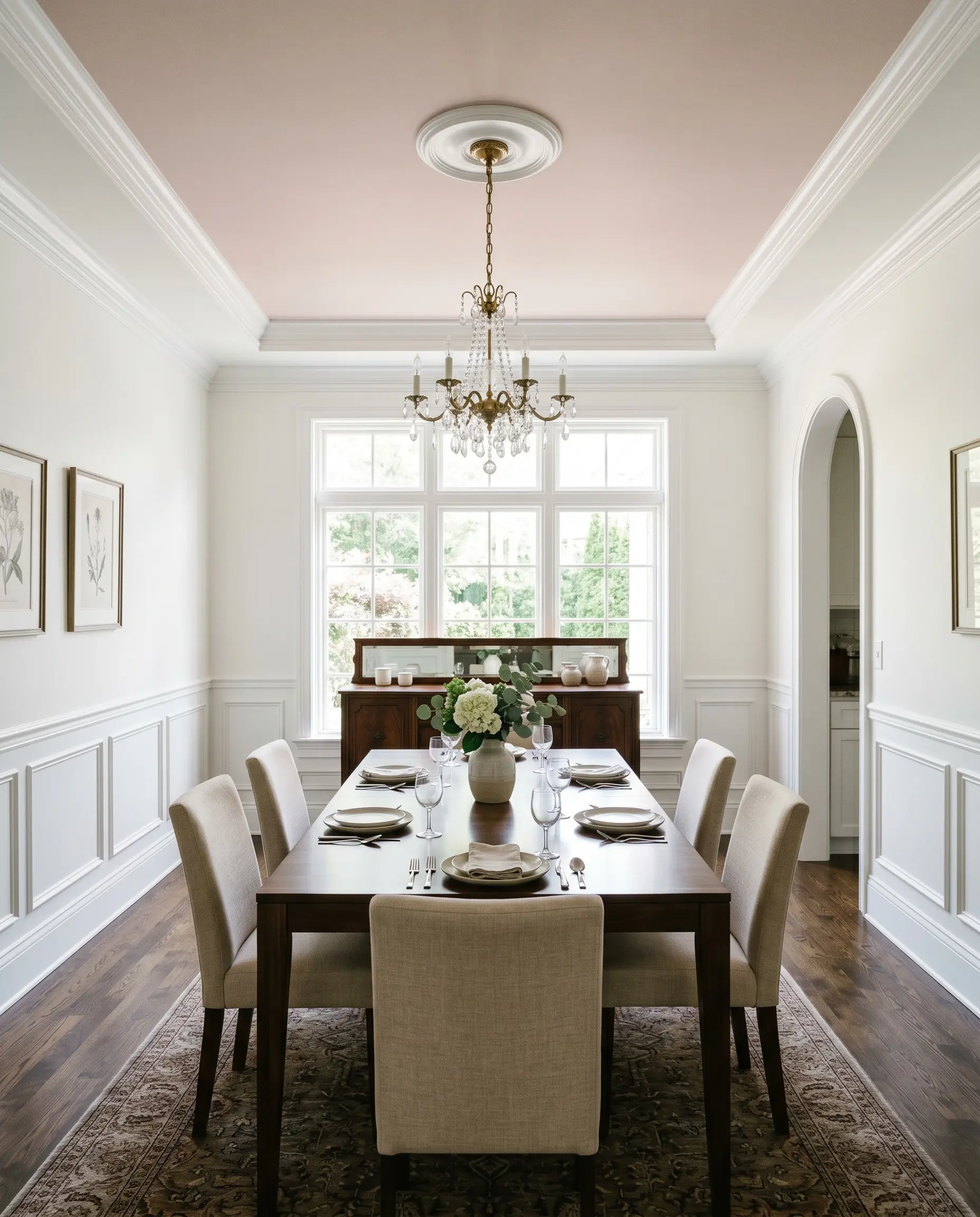 Crisp white crown molding frames a warm blush painted ceiling in a traditional dining room centered around a sleek dining table.