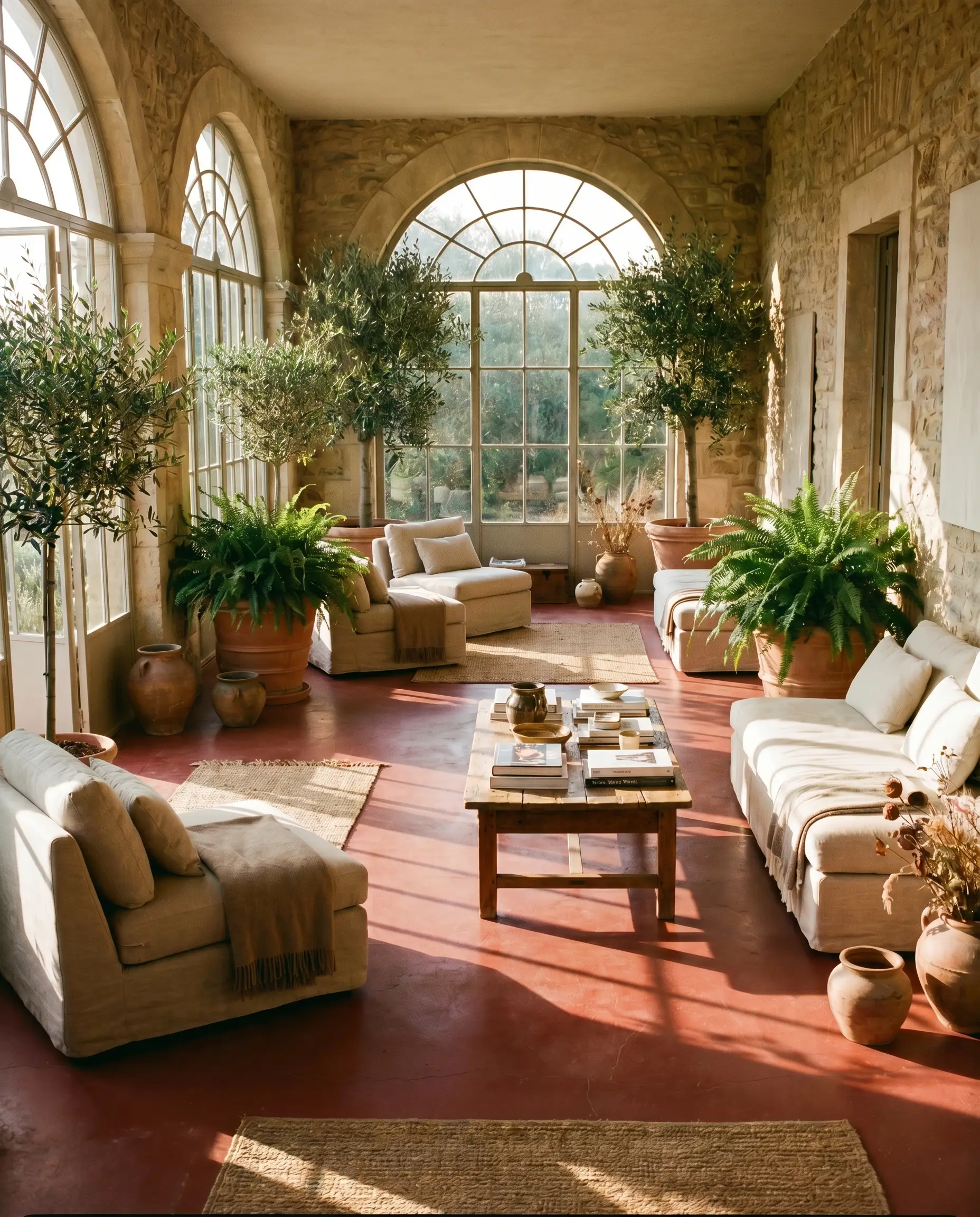 A sunroom features a concrete floor painted in a fiery russet tone to mimic aged terracotta, complemented by lush indoor trees and sleek linen lounging chairs.