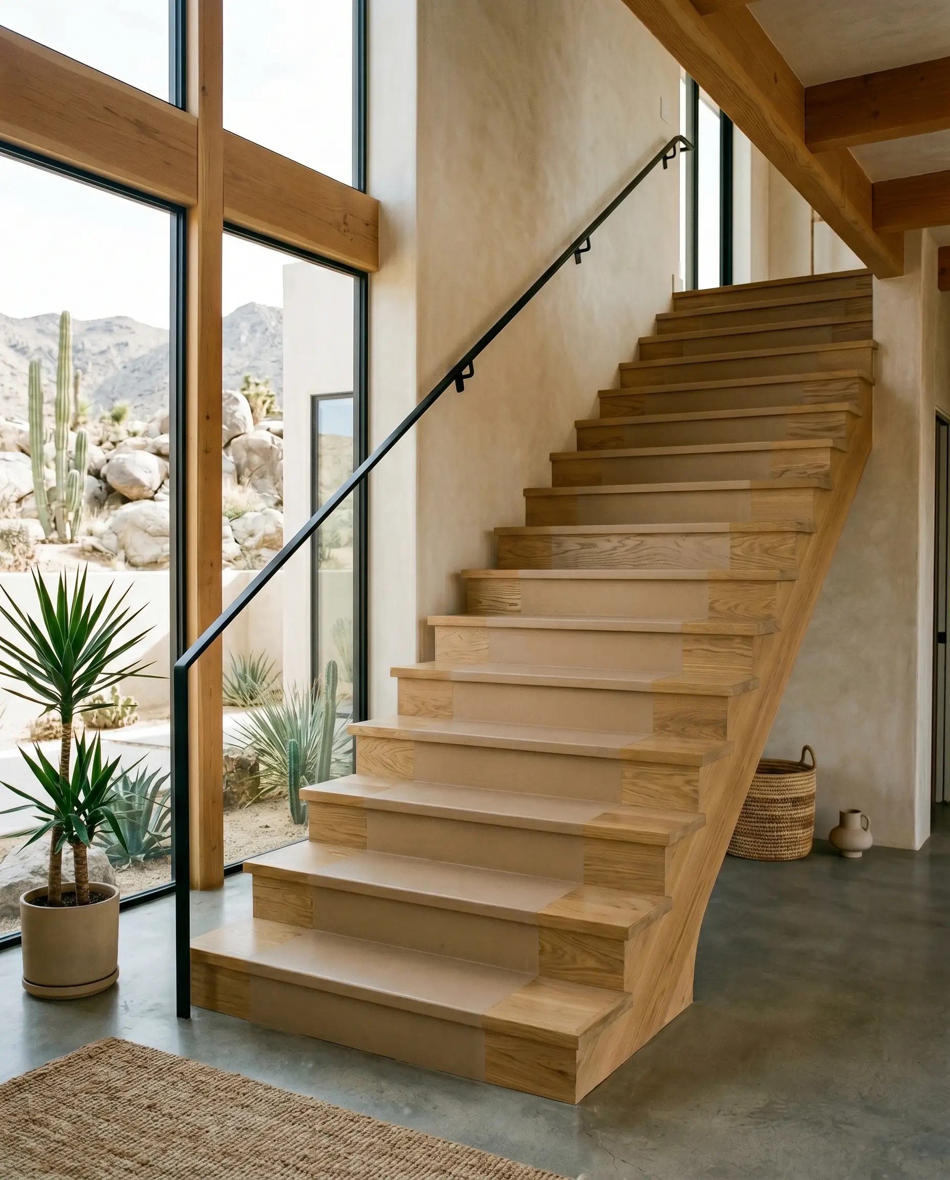A solid terracotta-adjacent painted runner flows continuously down the center of a wooden staircase featuring white oak treads and a matte black iron handrail.