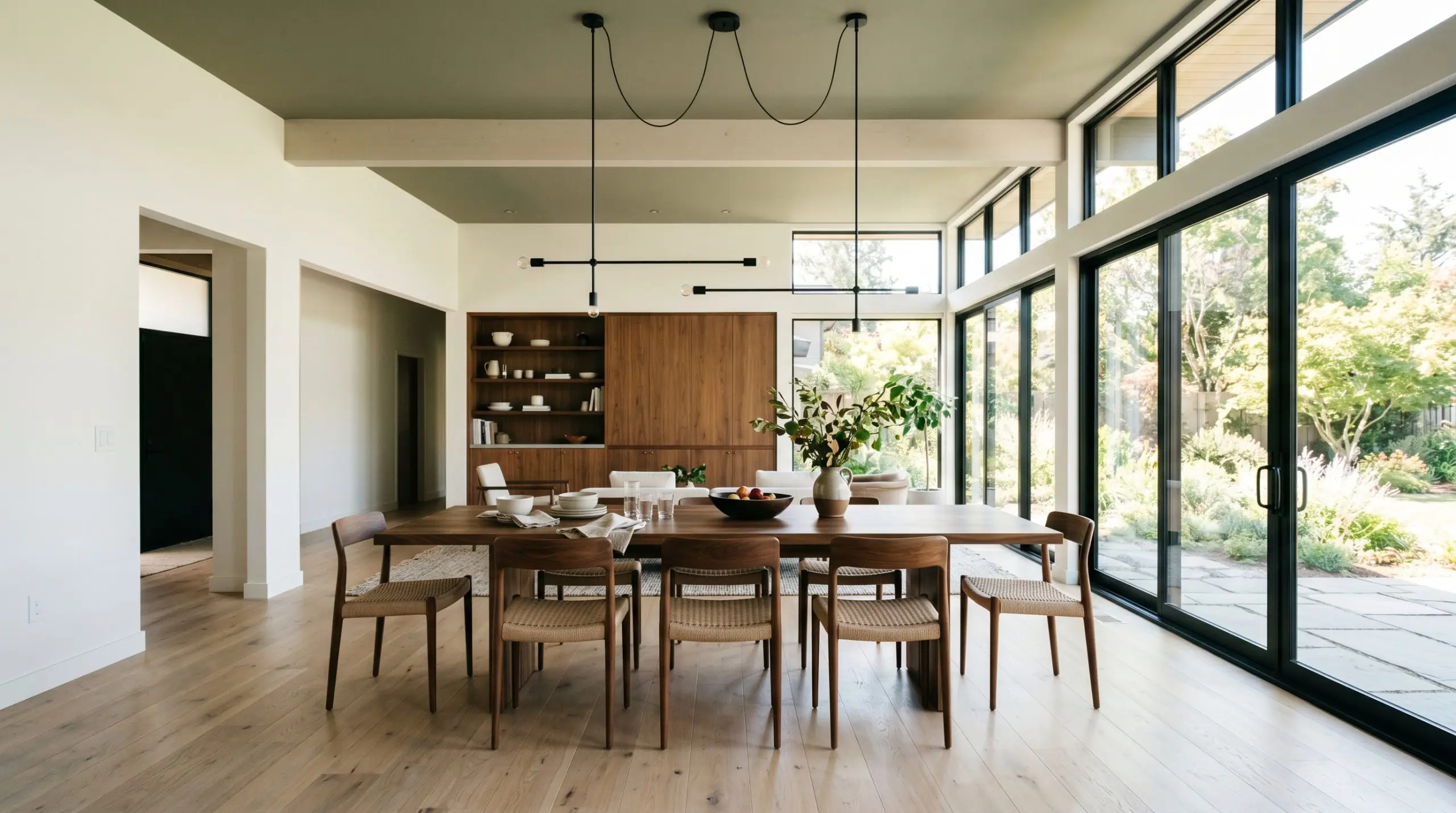 A large natural walnut dining table and matte black iron light fixtures sit beneath a striking olive-toned green painted ceiling, surrounded by crisp white walls and extensive windows.