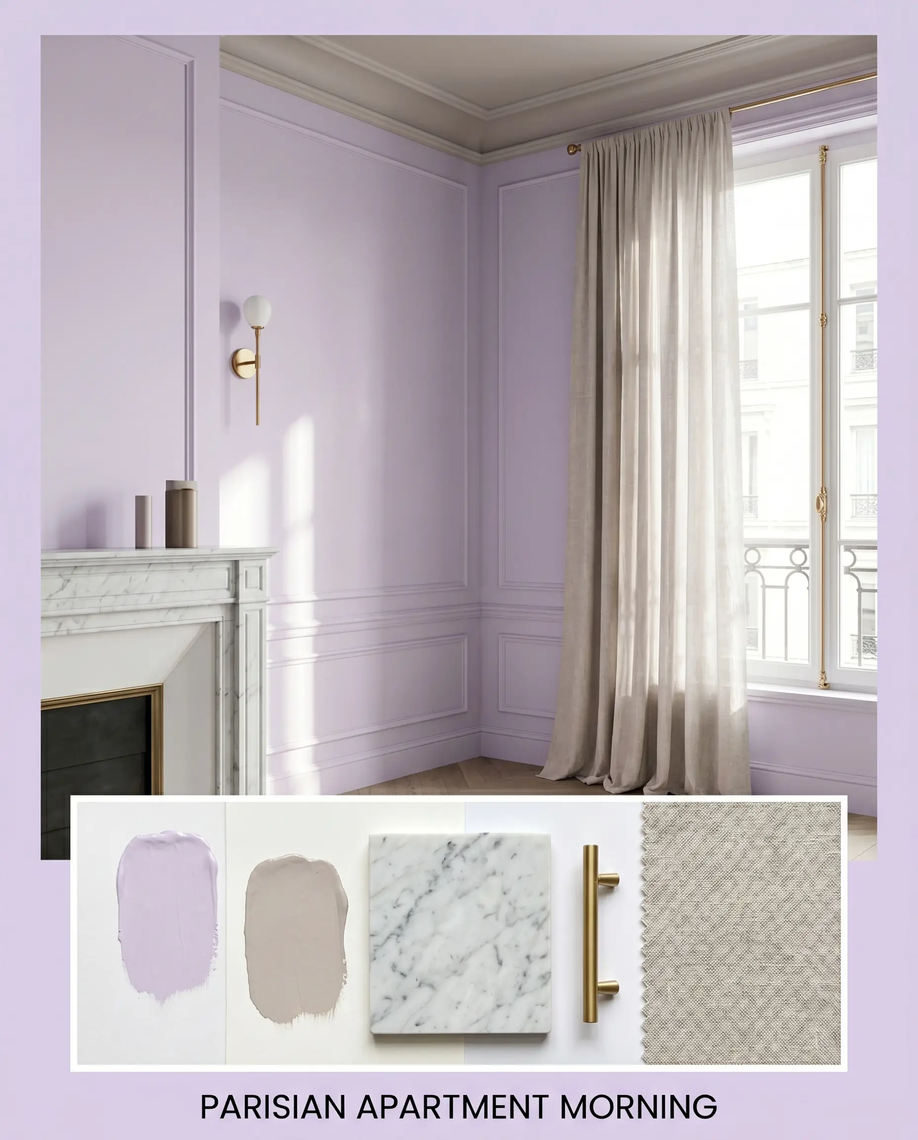 A Parisian apartment mood board pairs Benjamin Moore Lily Lavender (Hex #DBCEE8) walls with honed Carrara marble, unlacquered brass hardware, and flowing slub linen drapery.