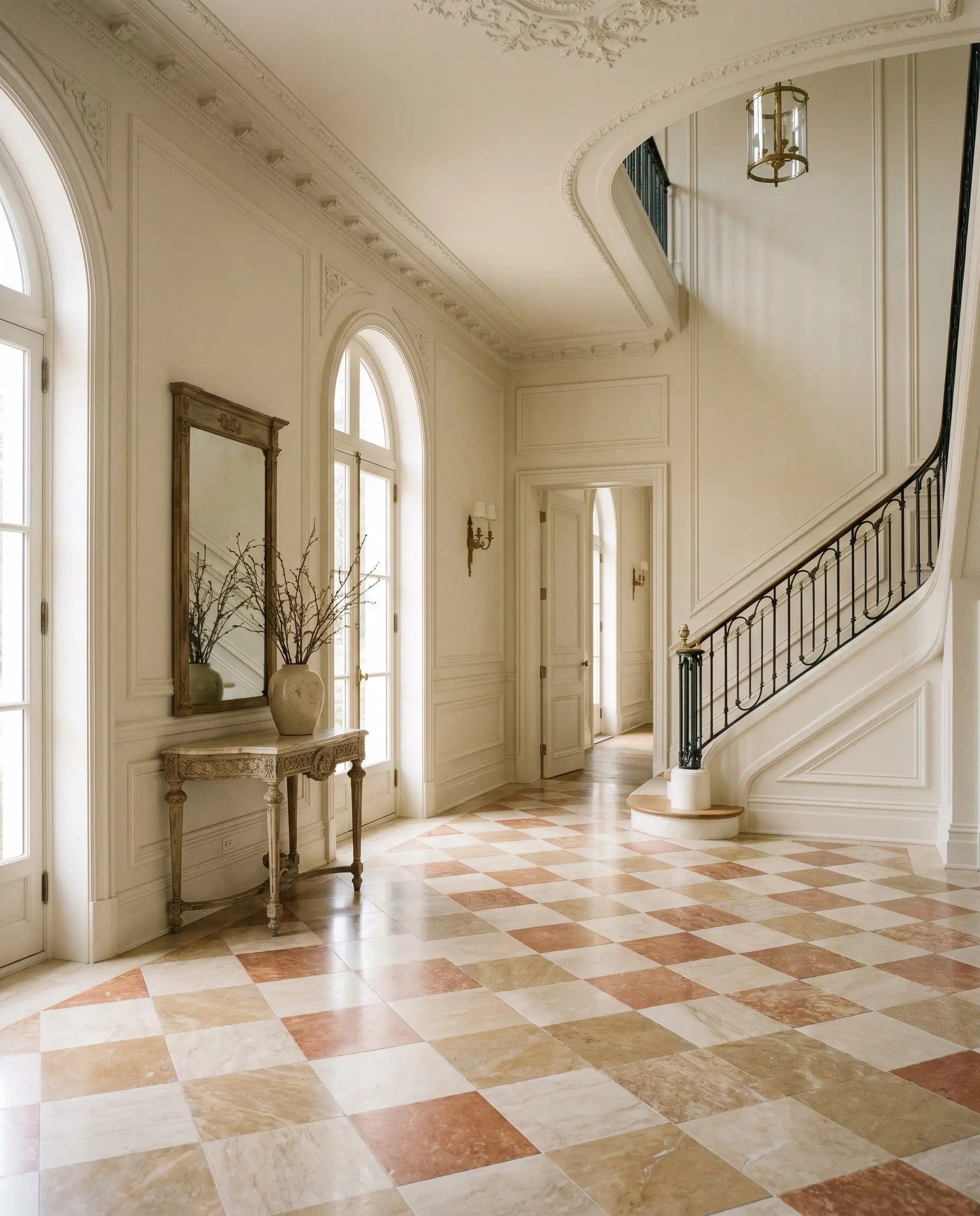 A warm-toned checkerboard marble floor grounds an elegant entryway featuring tall baseboards and intricate picture molding painted in Sherwin-Williams Creamy.
